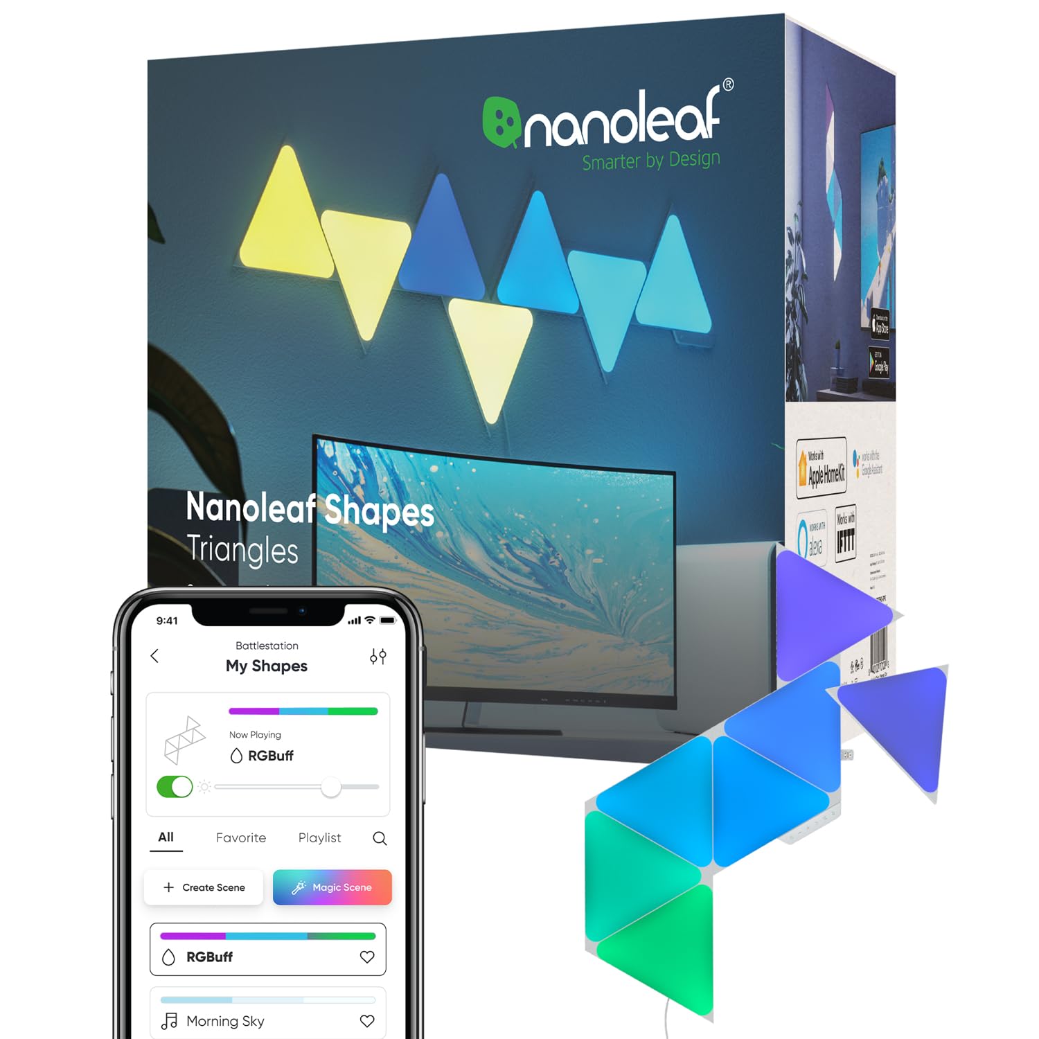 Nanoleaf Shapes Smart RGBW Wall Lights, Dimmable Triangles Kit, 7 Pack, Multicolor, Model NL47-7003TW-7PK