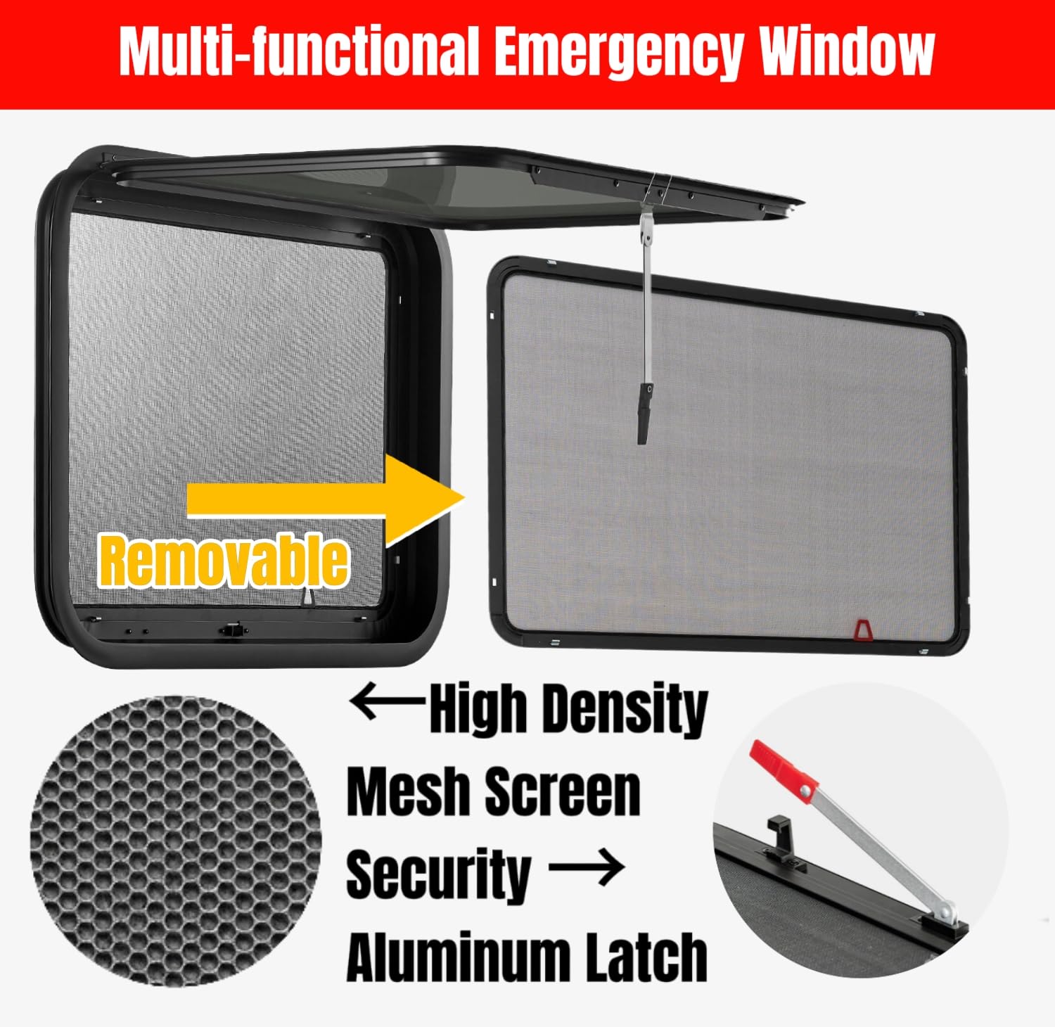 RV MURTS Aluminum RV Exit Window 15in x 22in, Polycarbonate, Black, Model RWEXIT1522, with Trim Kit and Screen for Trailers