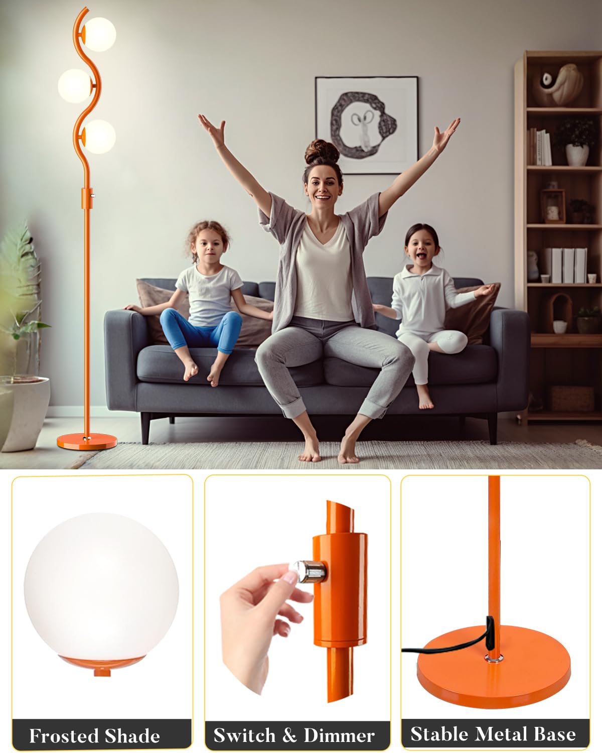 Lightdot Dimmable Floor Lamp - 3 Globe, 3000K G9 Bulbs, Stepless Brightness, Orange, Mid Century Modern - Model LFLL