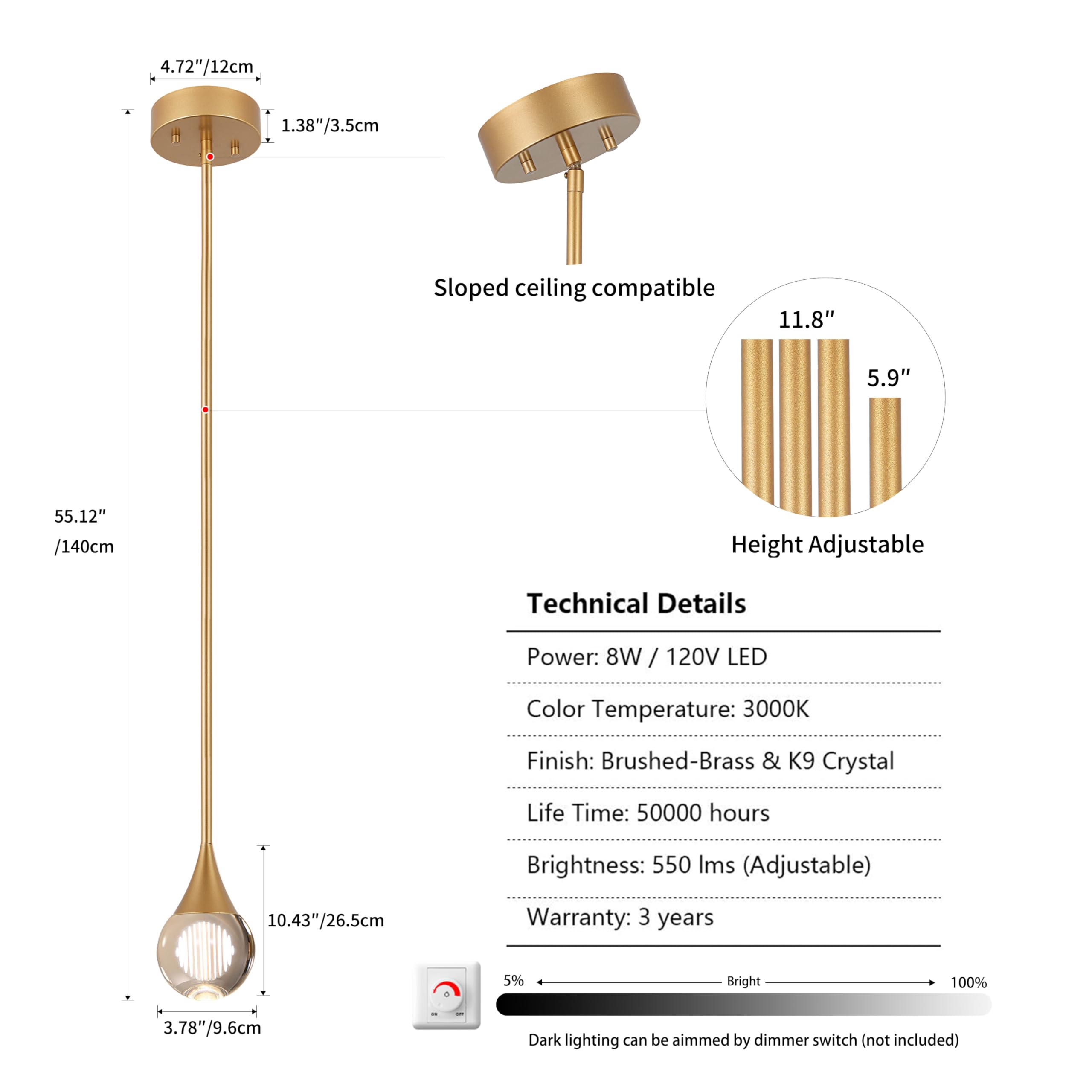 Eanloly 1-Pendant Lights Kitchen Island, Brass Gold Globe Crystal Ceiling Hanging Light Fxitures, Led Light Fixtures Metal Rod C