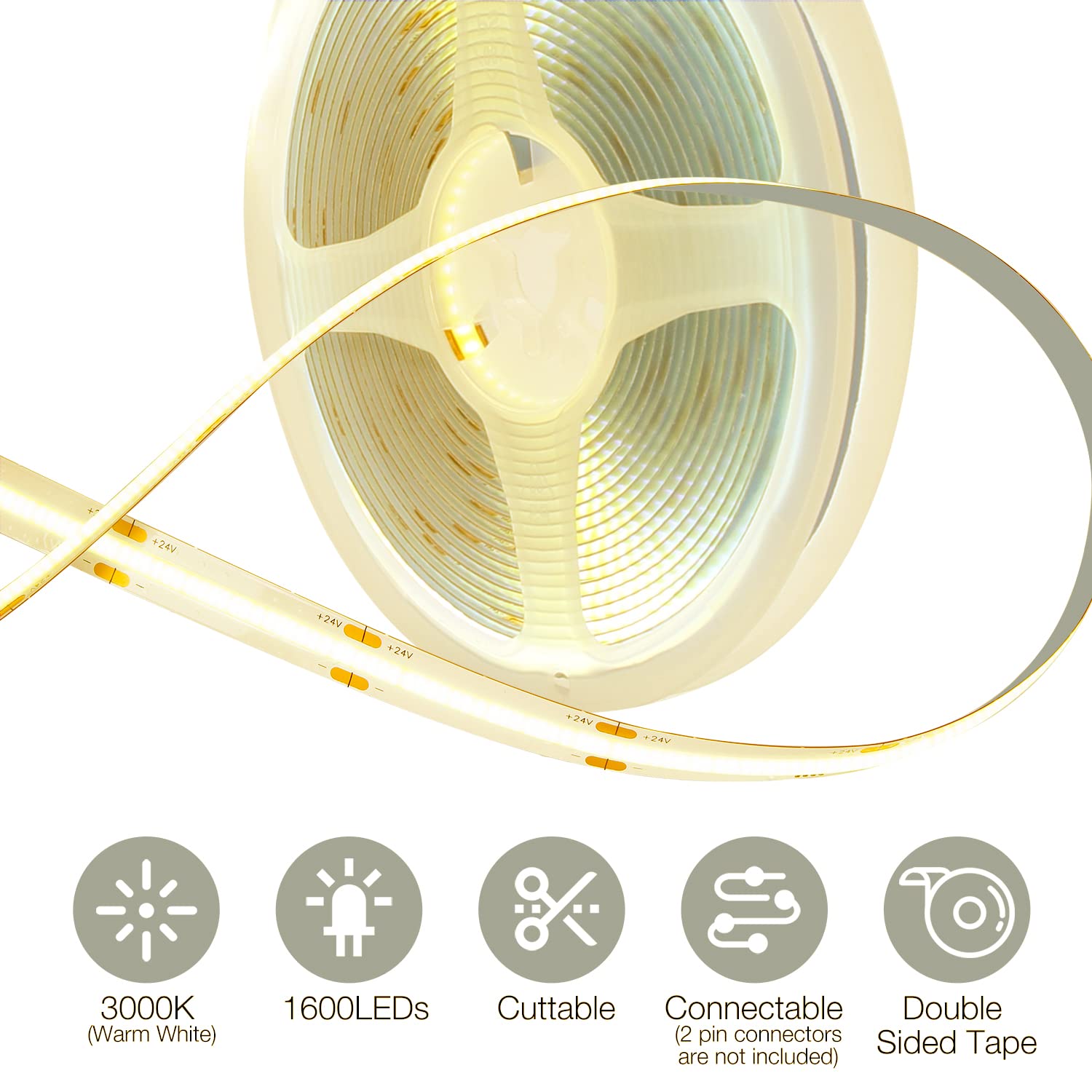 DAYBETTER COB LED Strip Lights, Dimmable 3000K, 16.4FT Warm White, Model DBCOB05WWUS, 1600 LEDs for Bedroom, Kitchen,