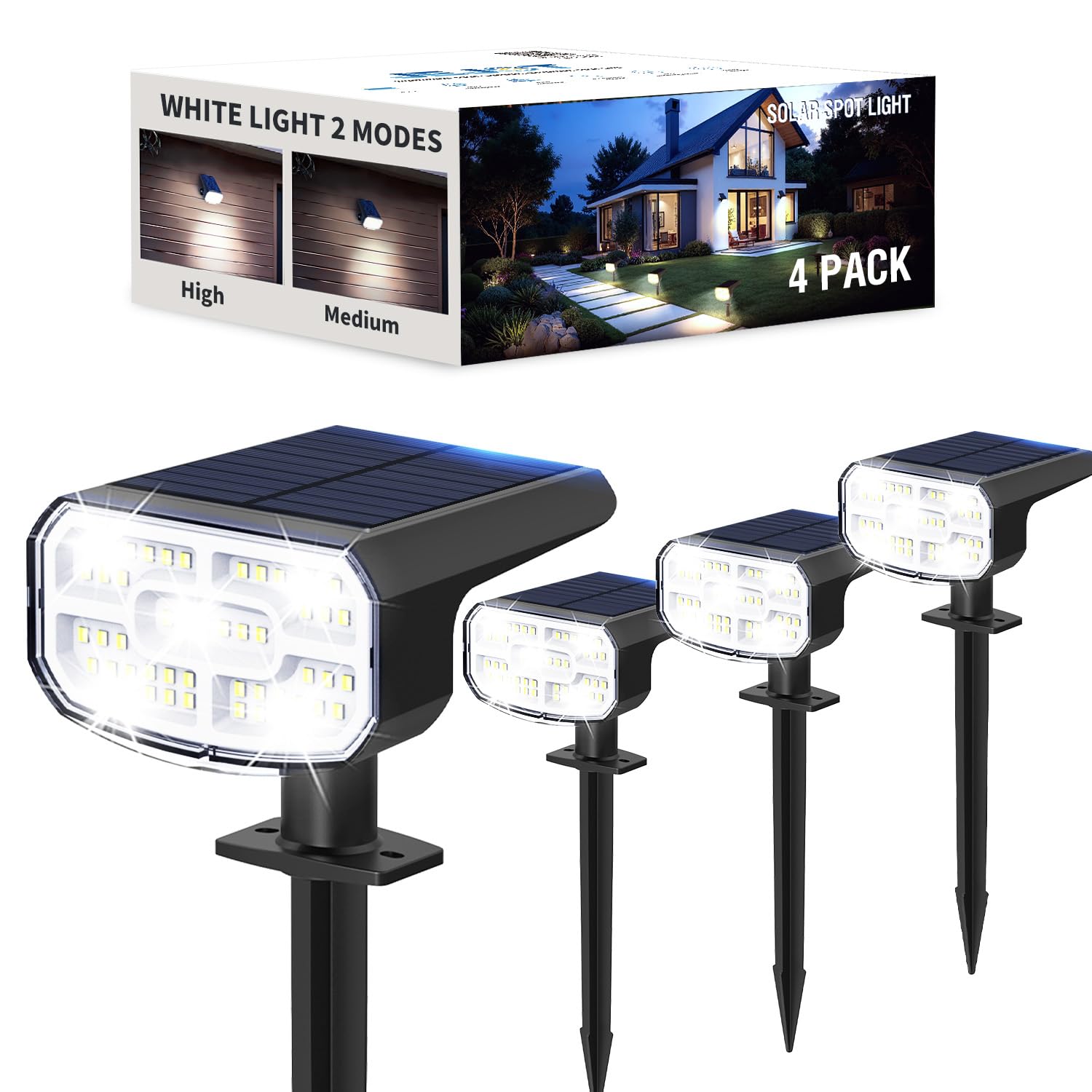 Jejot Solar Lights Outdoor Waterproof Ip65  Super Bright Led  6500K 2 Lighting Modes  Solar Powered Yard Garden Solar Spot Lights For Outside Landscape Auto On/Off -6500K 4 Pack