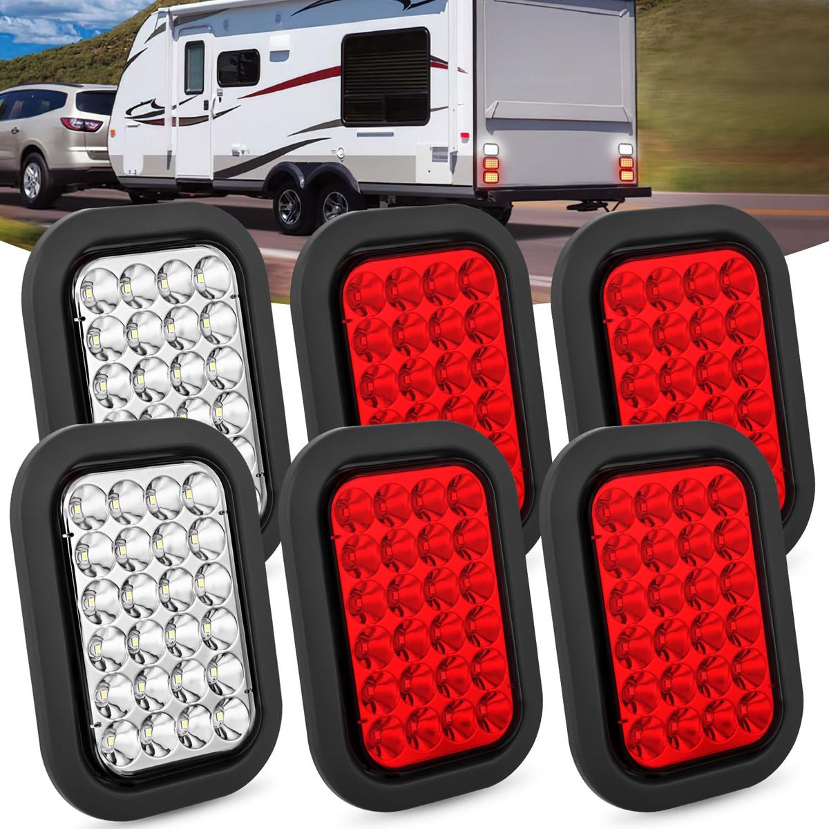 Nilight 5    X 3    Rectangular Trailer Tail Light 4 Pcs White Red 24Led Brake Turn Signal Reverse Lights W/Flush Mount Grommets