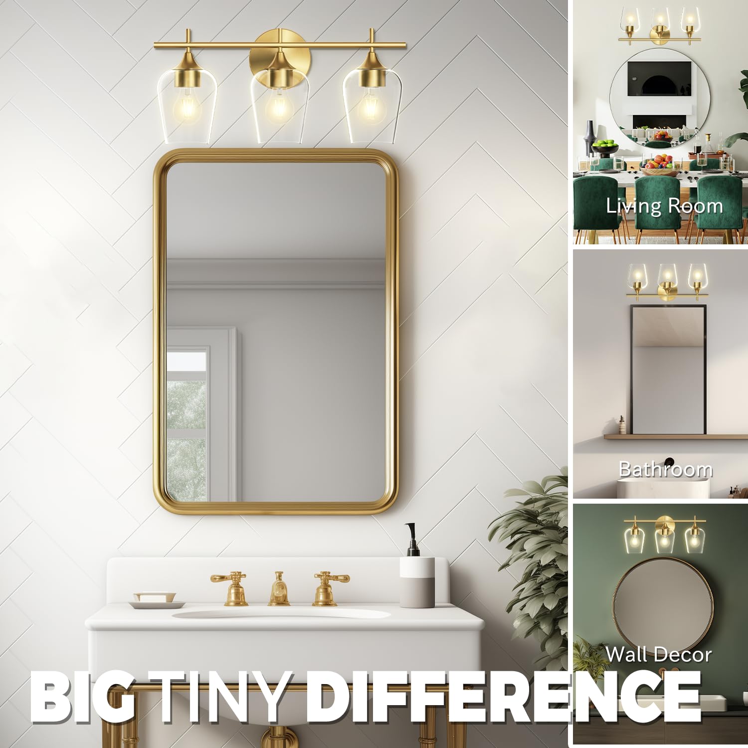 Hamilyeah Bathroom Vanity Light Fixture, 3-Light Glass Shade, Modern Brass Design, Model WLFBR1006, Ideal for Indoor Use