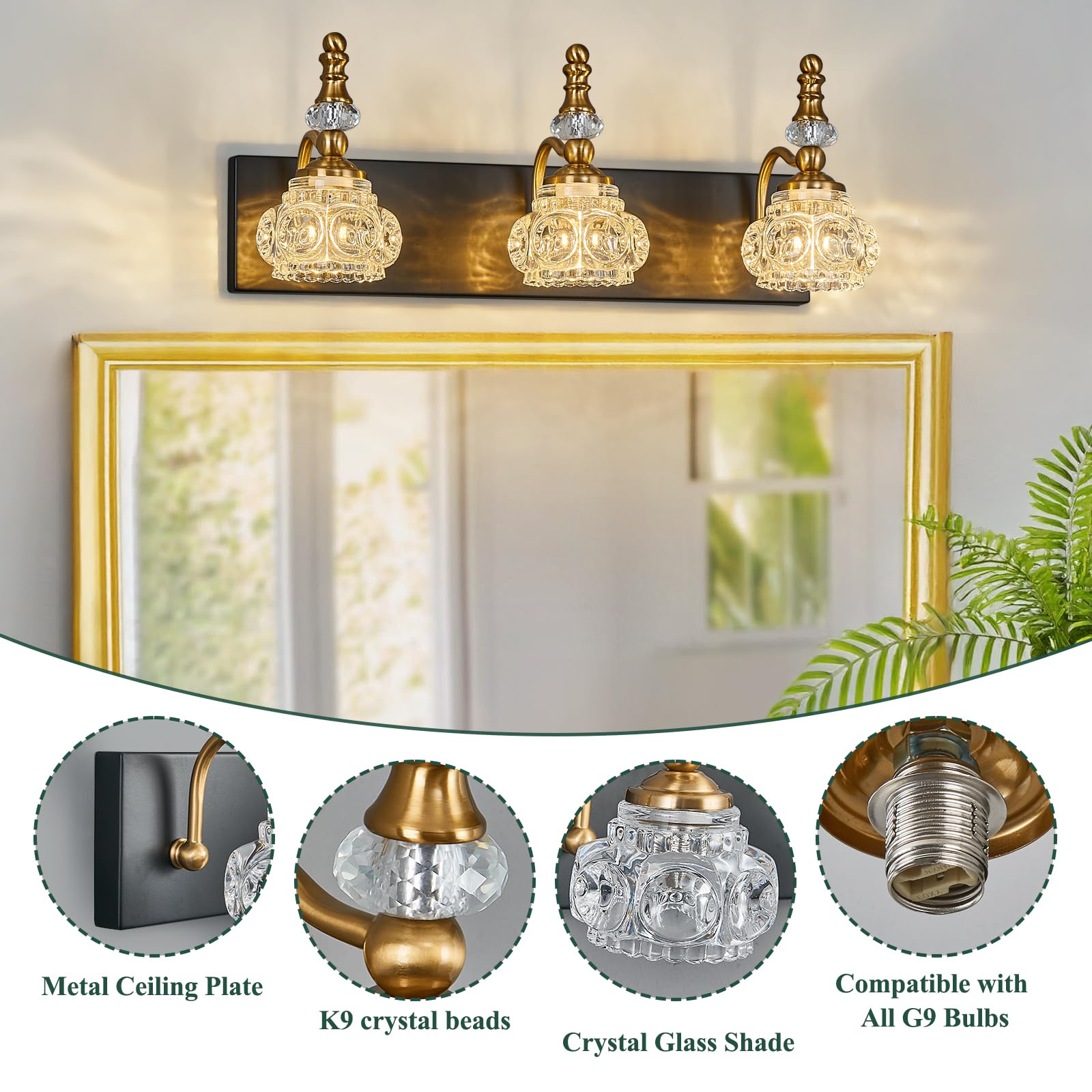 LBSQJ Modern Glass Crystal Bathroom Light Fixtures, 3-Light Vanity Light, Black Gold, Model 493