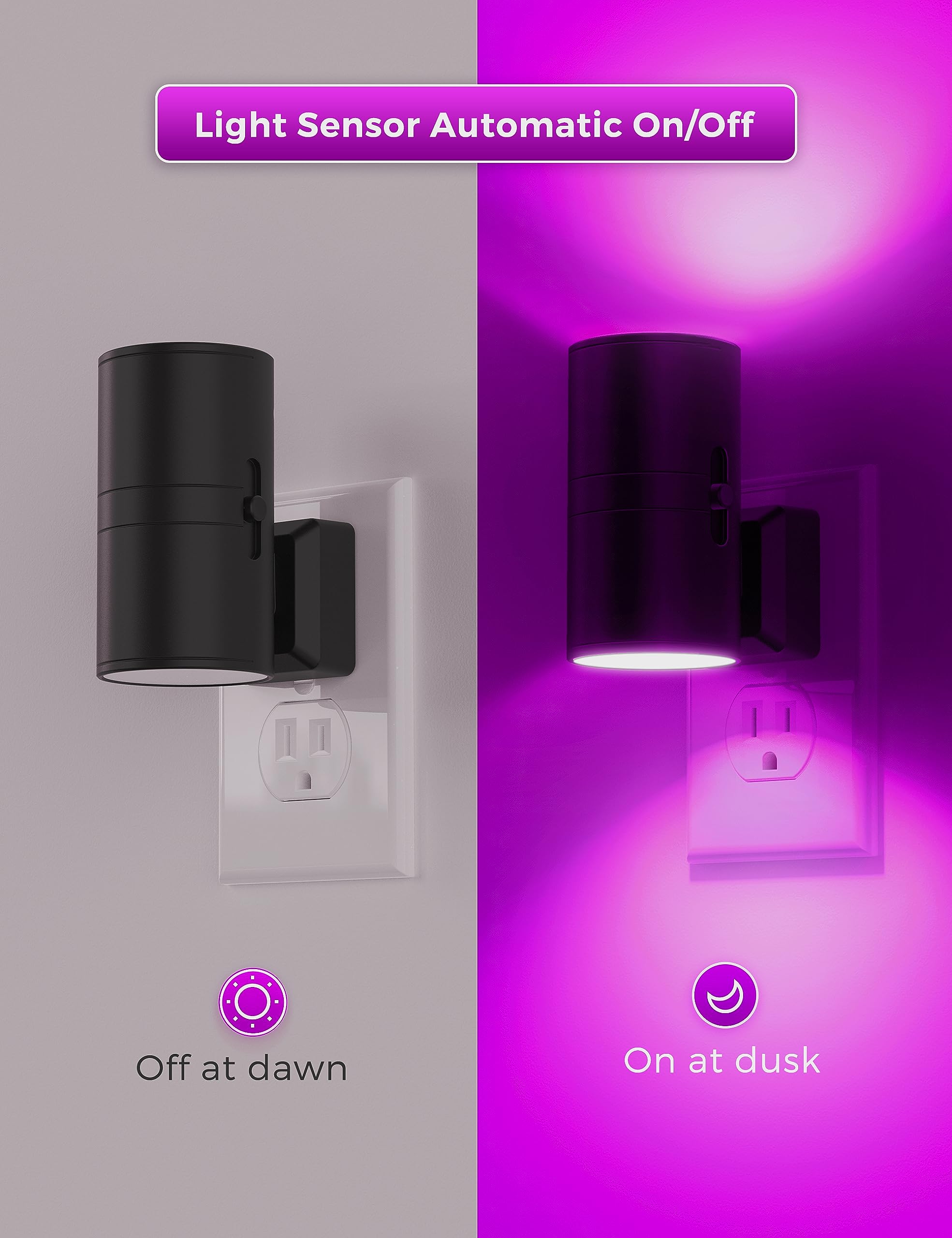 L LOHAS LED Night Light, Dimmable Plug-in, Light Sensor, 2 Pack, Purple, Model GY-063-PU-US-2