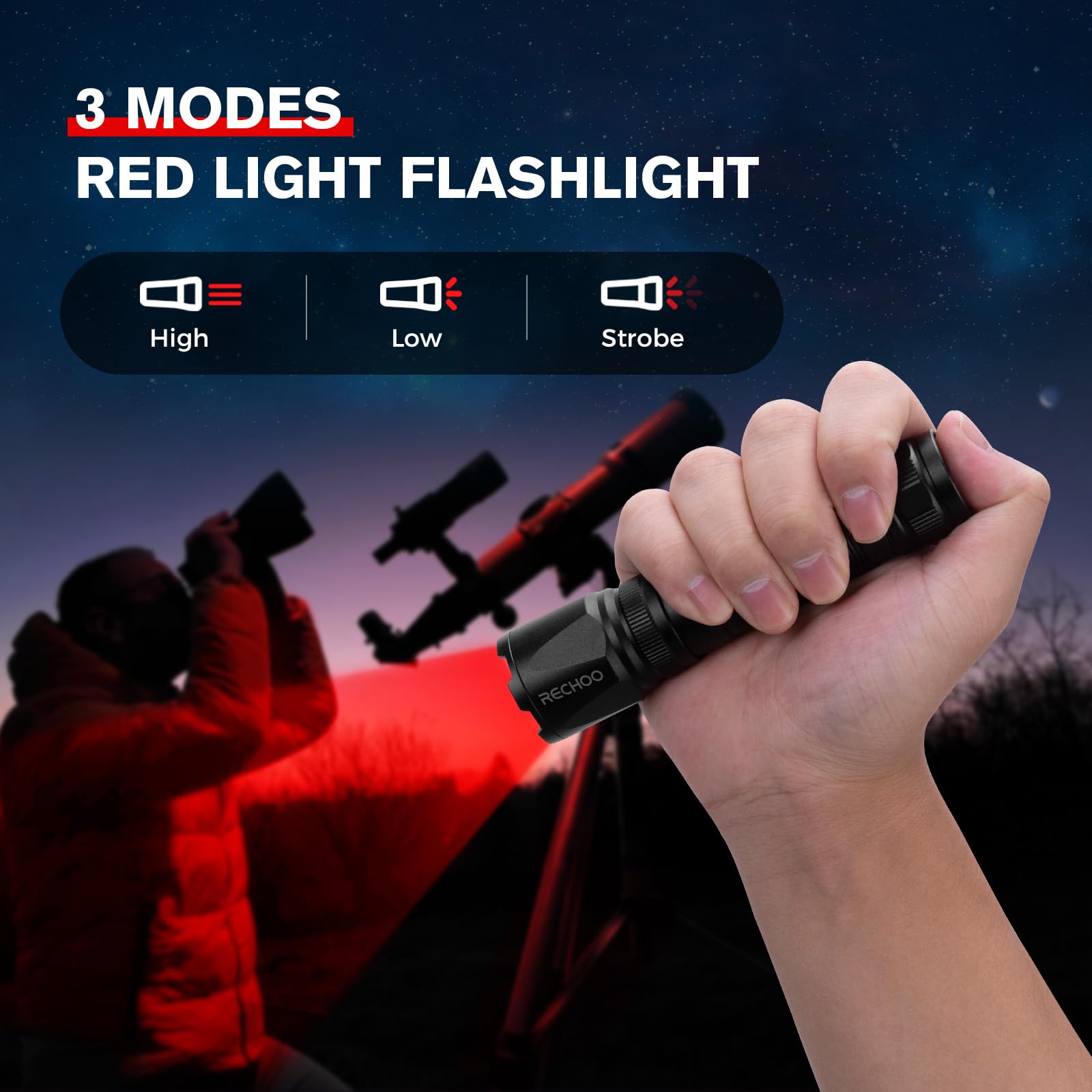 Rechoo Red Light Flashlight, High-Powered 3 Modes Red Led Rechargeable Flashlights With Clip & Lanyard, Zoomable And Portable Re