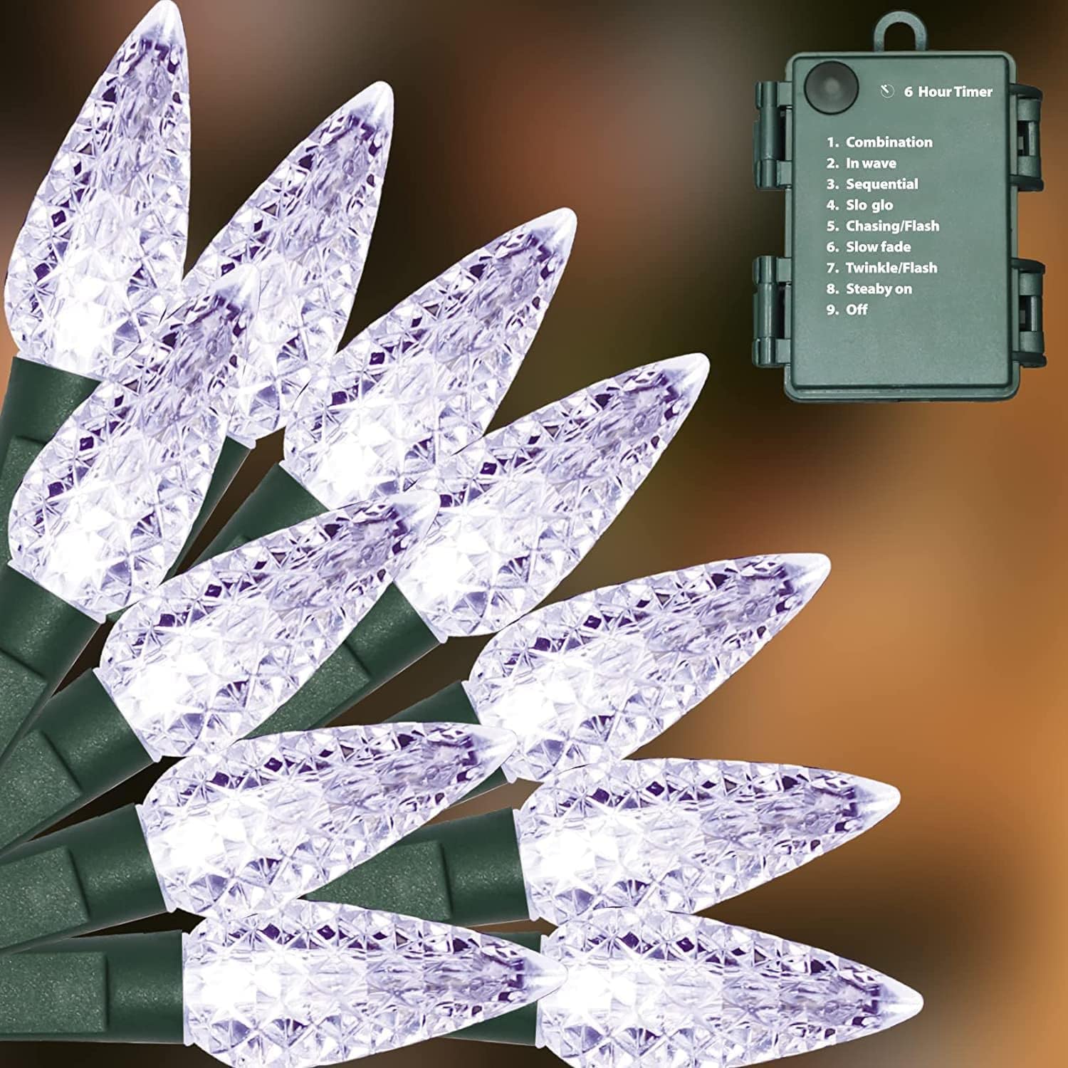 LAMPHOME C6 Battery Operated Christmas Lights, 50 LED, 17FT, 8 Modes, Waterproof, White, 2 Pack