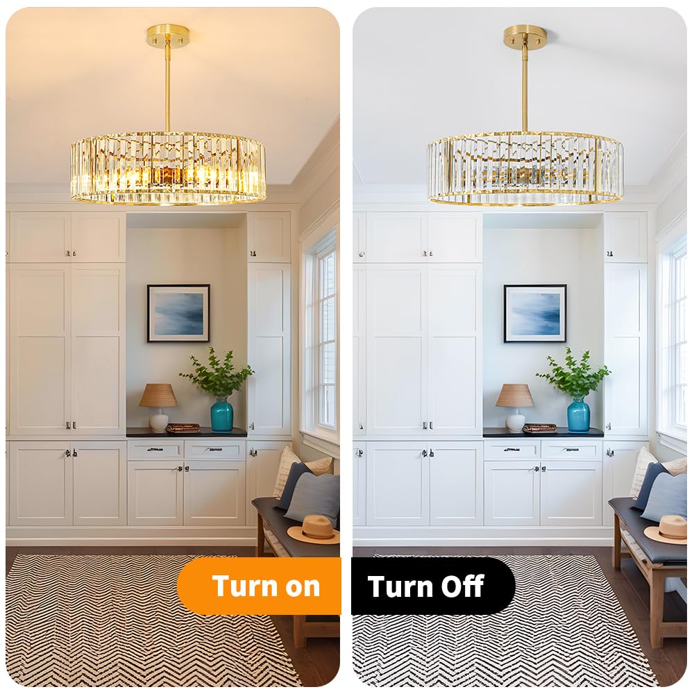 Gold Crystal Chandelier For Dining Room  6-Light Modern Semi Flush Mount Ceiling Lighting Fixtures  Round Kitchen Fixtures Ceiling  Hanging Drum Pendant Lights For Living Room Bedroom Foyer  19In  E26