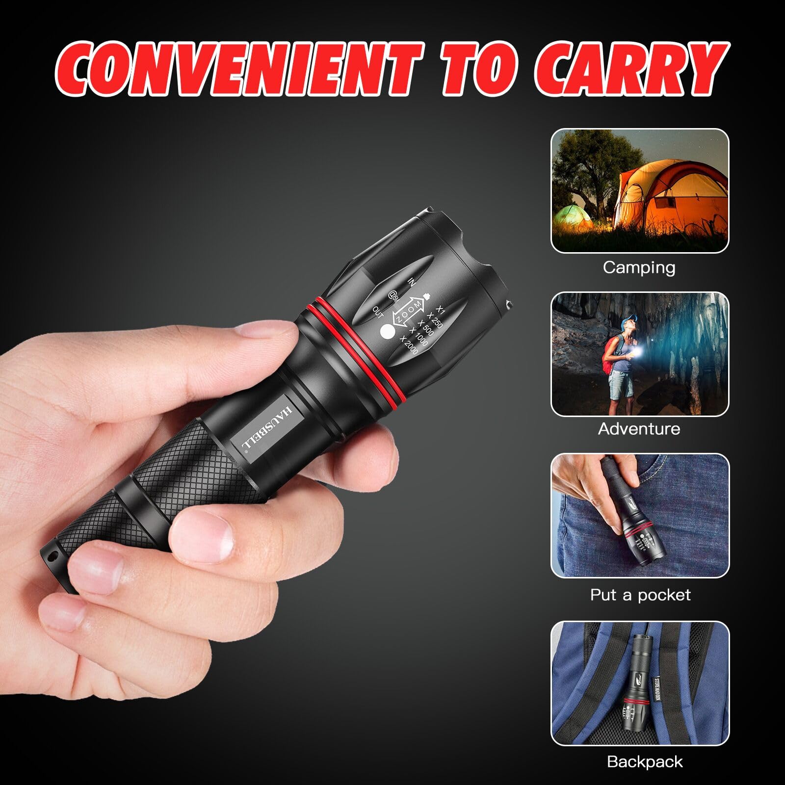 HAUSBELL A100 LED Flashlights - Waterproof, Zoomable, 5 Modes, 2 Pack, Black, Aluminum