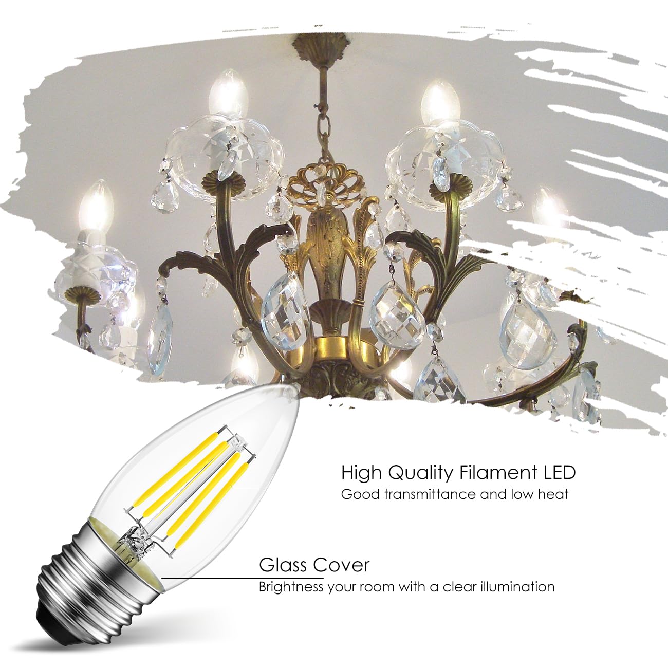 Lvwit B11 Led Filament Bulb E26 Candelabra Base 4.5W(60W Equivalent), Dimmable 5000K Daylight White Chandelier Decorative Candle