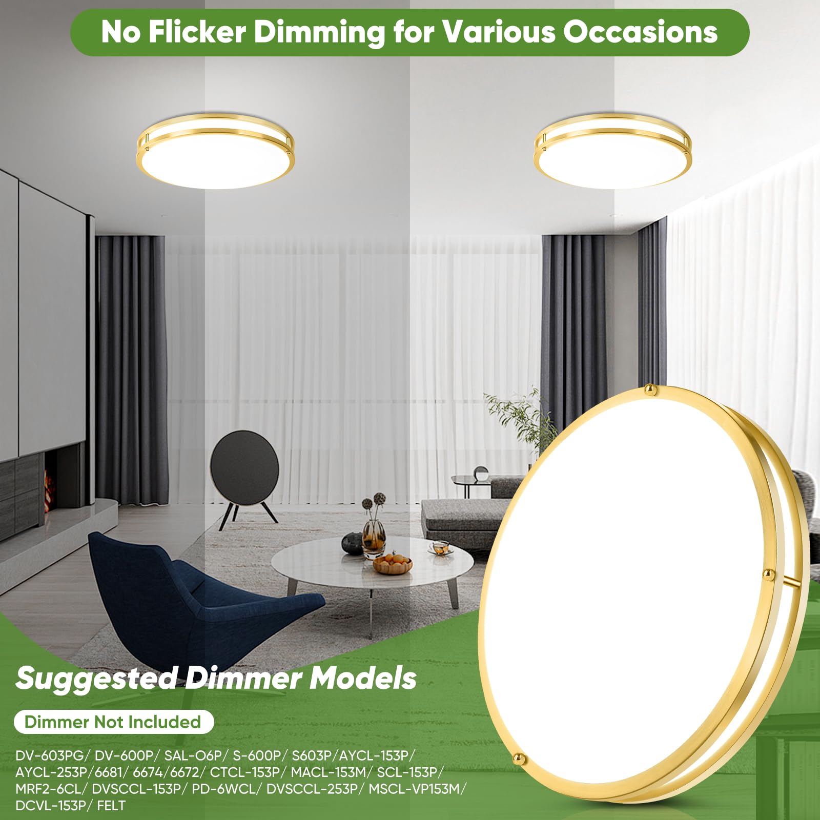TOBUSA LED Flush Mount Ceiling Lights, 50W, 5600lm, Dimmable, 16 inch, Brushed Gold, 2-Pack, 2700K-6500