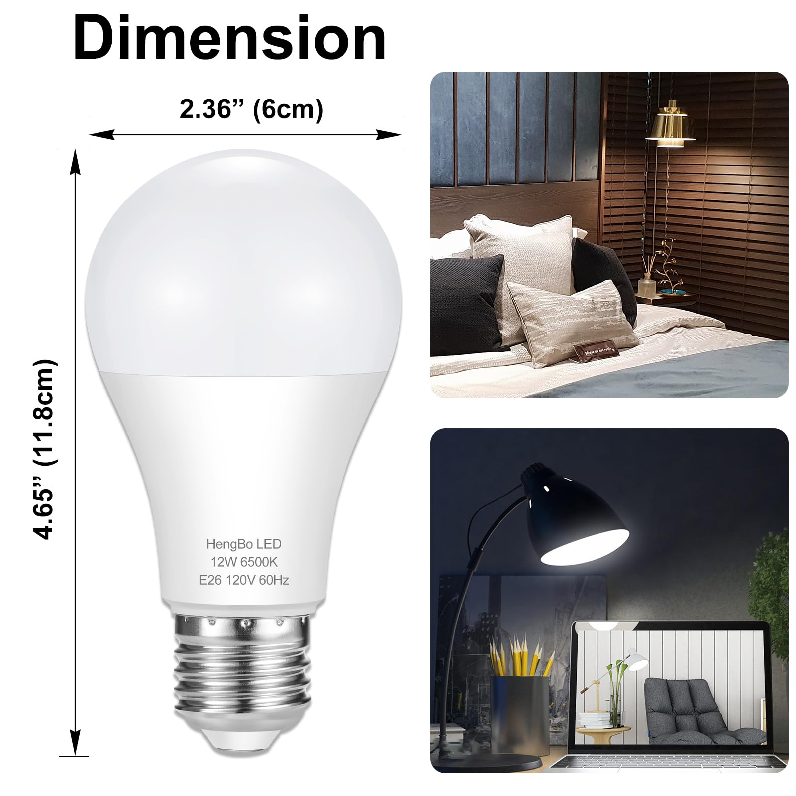 Hengbo Led 100 Watts Equivalent Light Bulb, E26 6500K Daylight White Led Bulb, A19 12W Medium Screw Light Bulbs For Kitchen, Liv