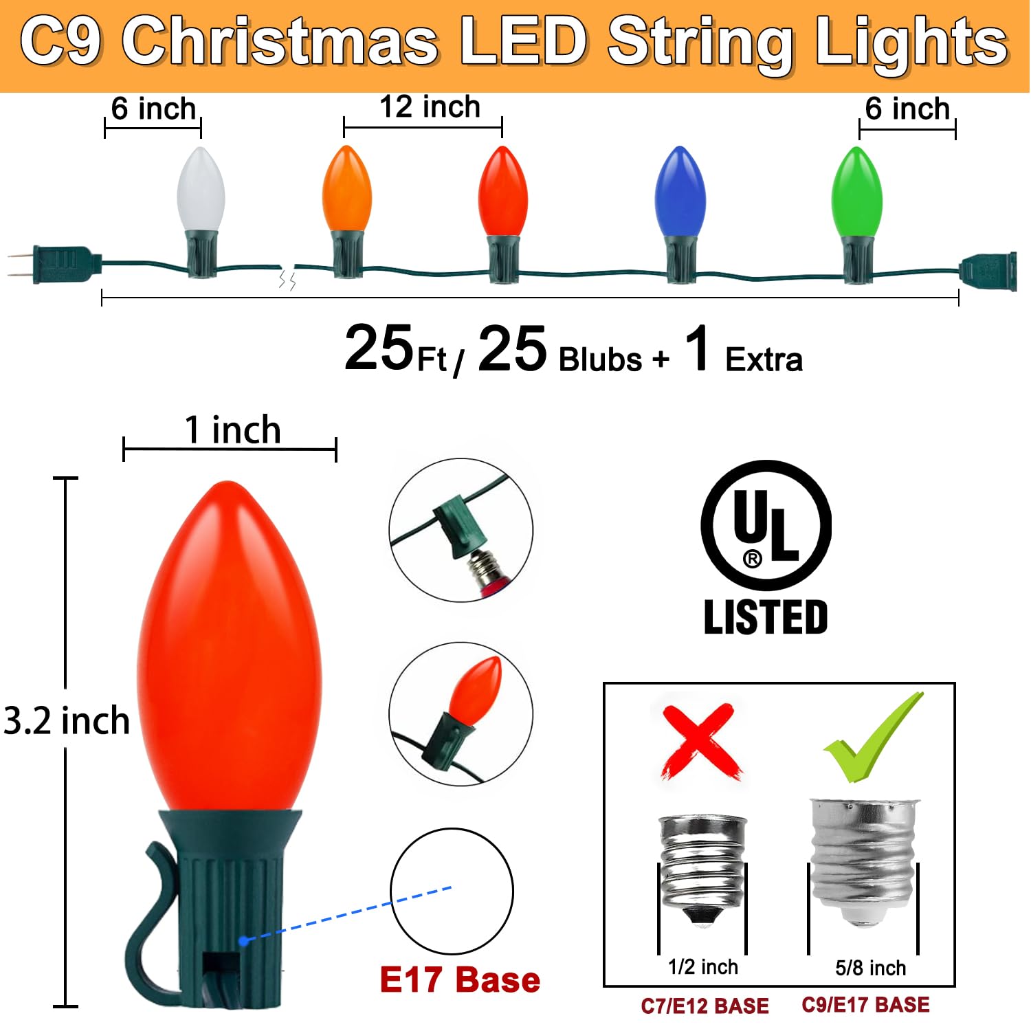 Couah 25Ft C9 Vintage LED String Lights, 27 Multicolor Bulbs, Green Wire for Indoor/Outdoor Christmas Party Decorations