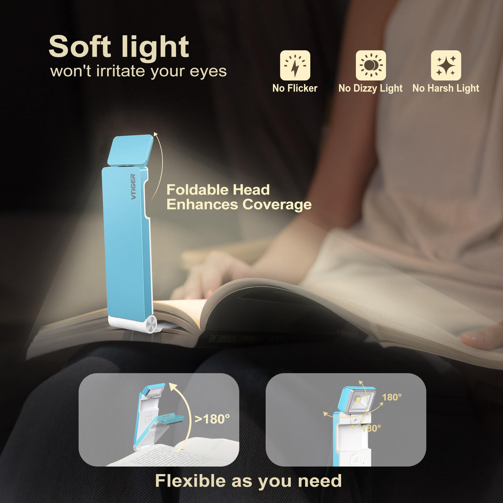 VTIGER USB Rechargeable Reading Light, LED Clip-on Booklight, 3 Amber Colors, 4 Brightness Levels, Portable, Blue, Model B1