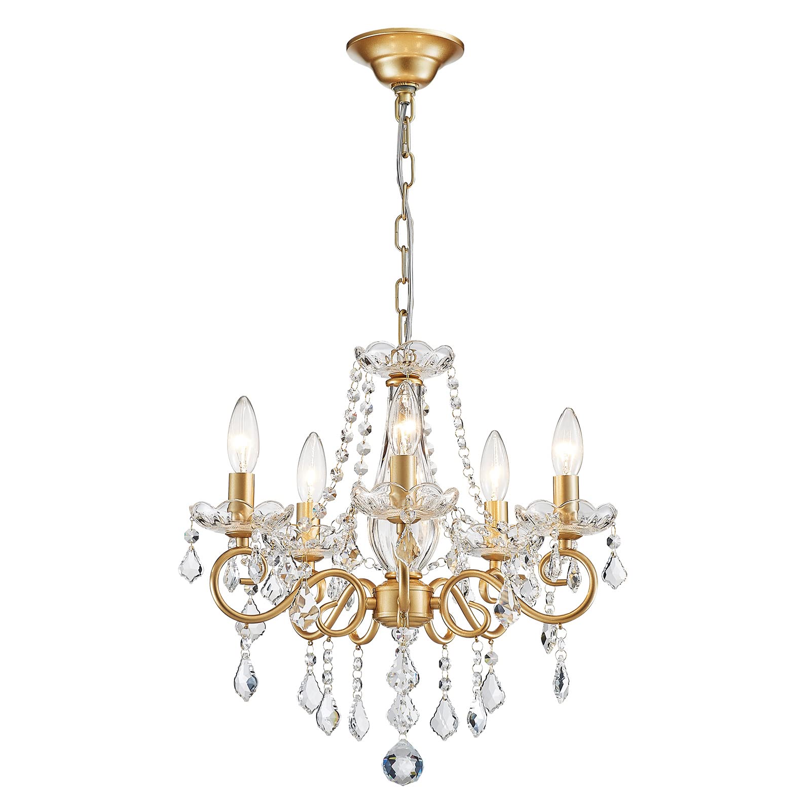 Anjiadengshi Mini Crystal Chandelier K9 Crystal Lighting Chandelier For Living Room 5 E12 Bulbs High 16.5 In X Diameter 16.9 In, Golden