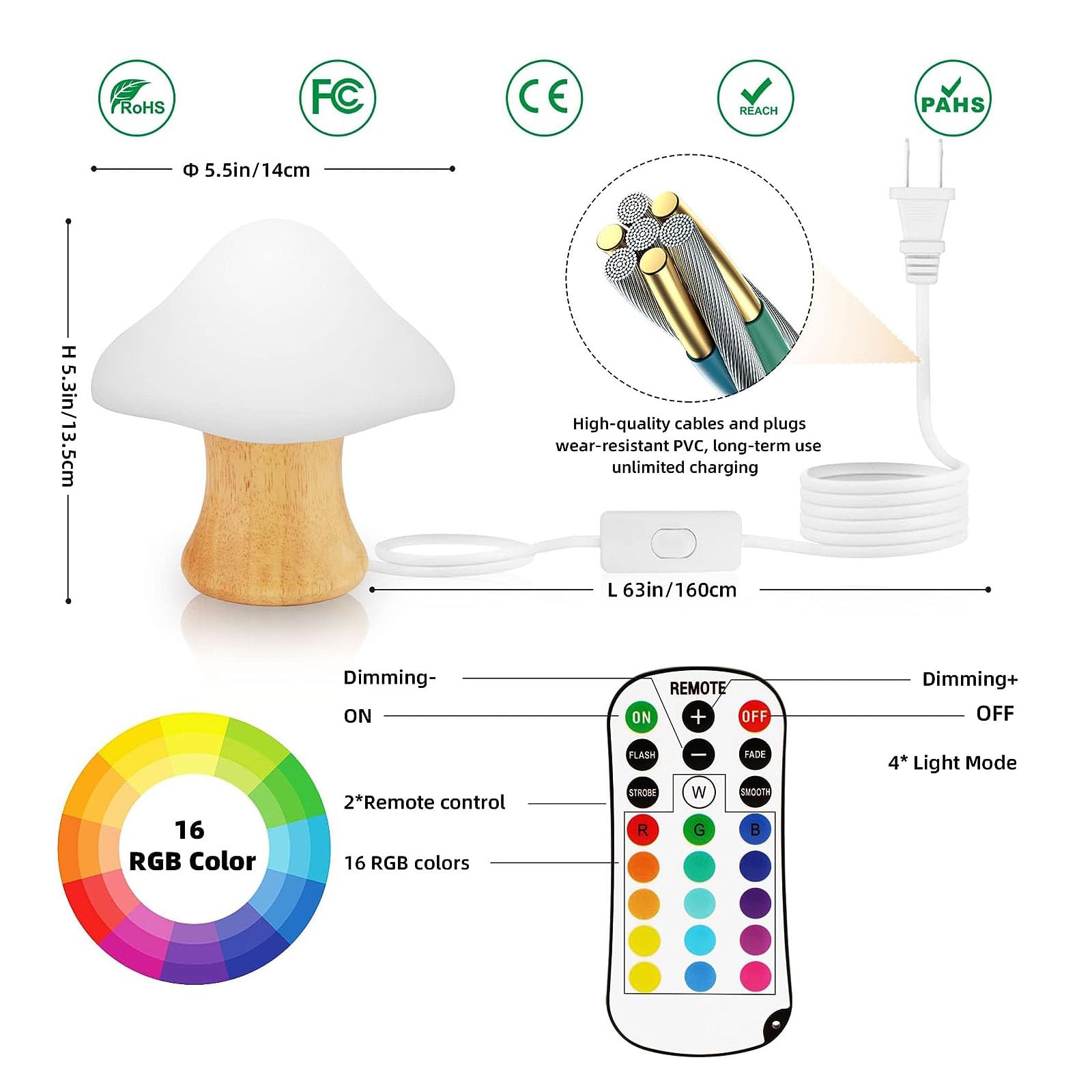 ANGTUO Wooden Mushroom Lamp - 16 Color Changing Dimmable Night Light for Women, Moms, Grandmas - White/Beige, Model 1201