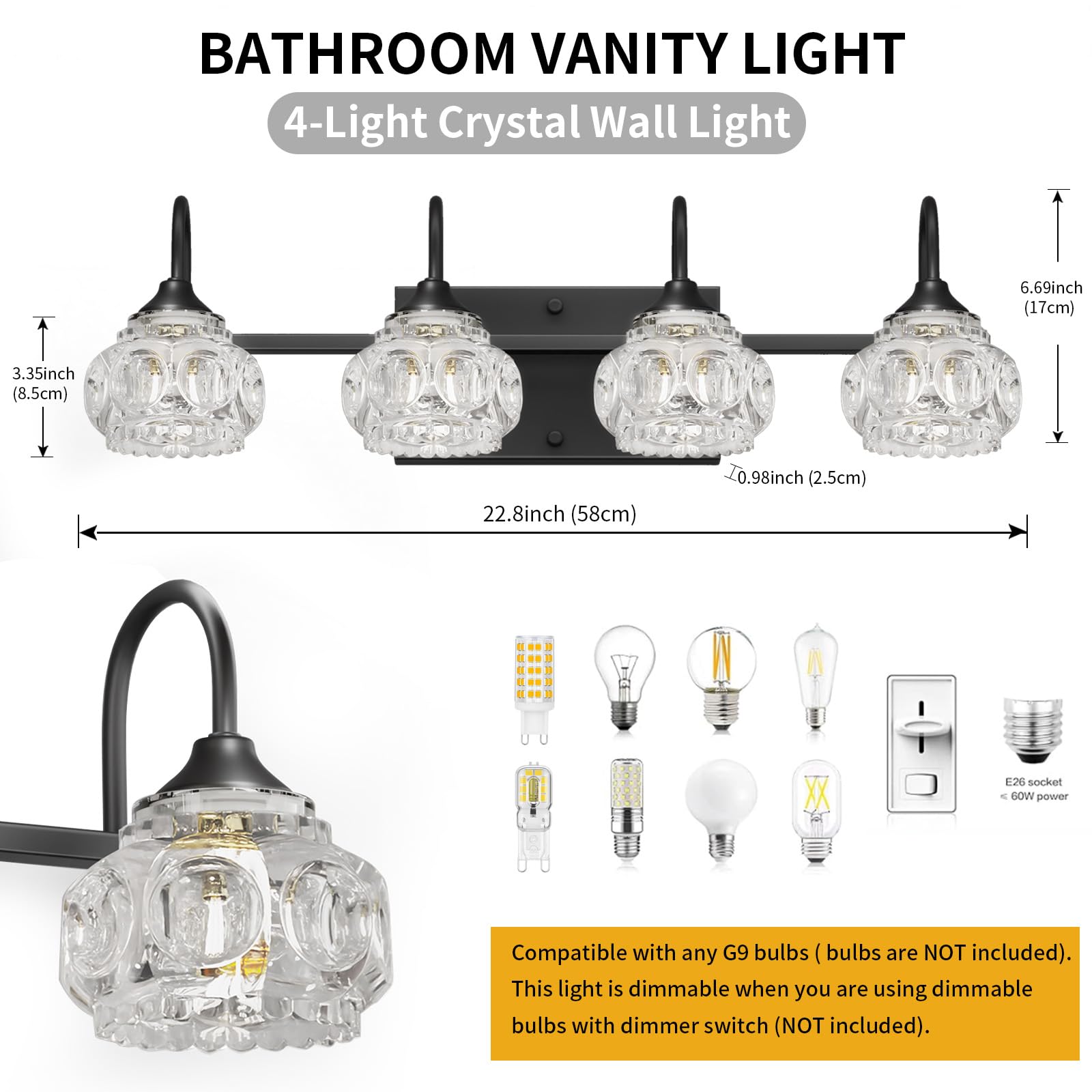 DIKAIDA 4-Light Bathroom Vanity Light, Matte Black Metal with Crystal Glass Shade, Modern Over Mirror Wall Lights