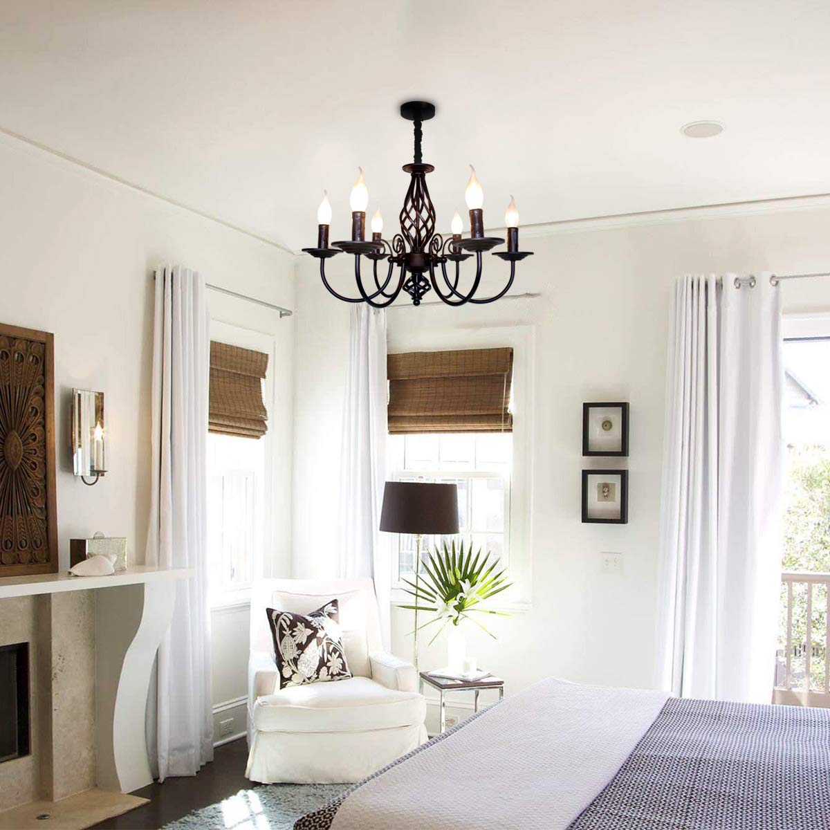 Jaycomey 6-Light Vintage Candle Chandelier, Black Iron Farmhouse Pendant For Kitchen & Dining Room