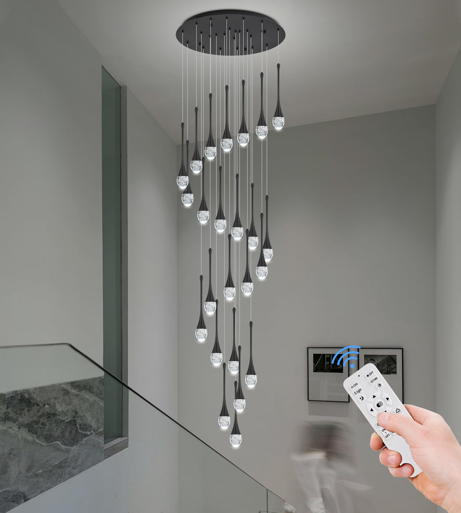 Upfelw Modern Crystal Staircase Chandelier Polished Black 24-Lights  H138 Large High Ceiling Spiral Dimmable Led Raindrop Foyer Entryway Light Fixture Remote Control