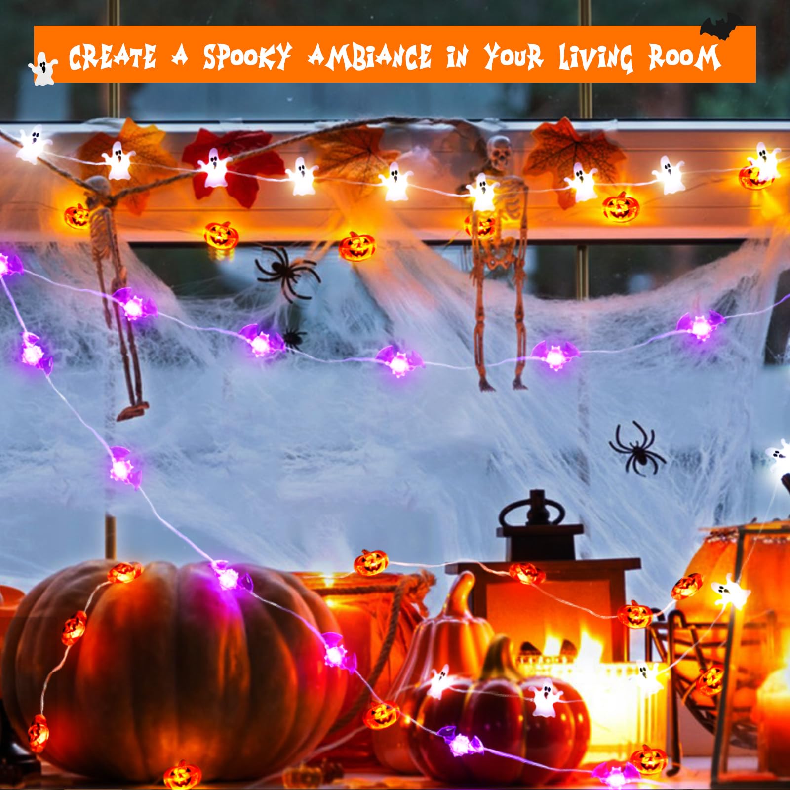 Cshare Halloween String Lights, Pumpkin Ghost Bats Mini Halloween Lights Indoor Battery Operated 9.8Ft 30Led Halloween Decoratio
