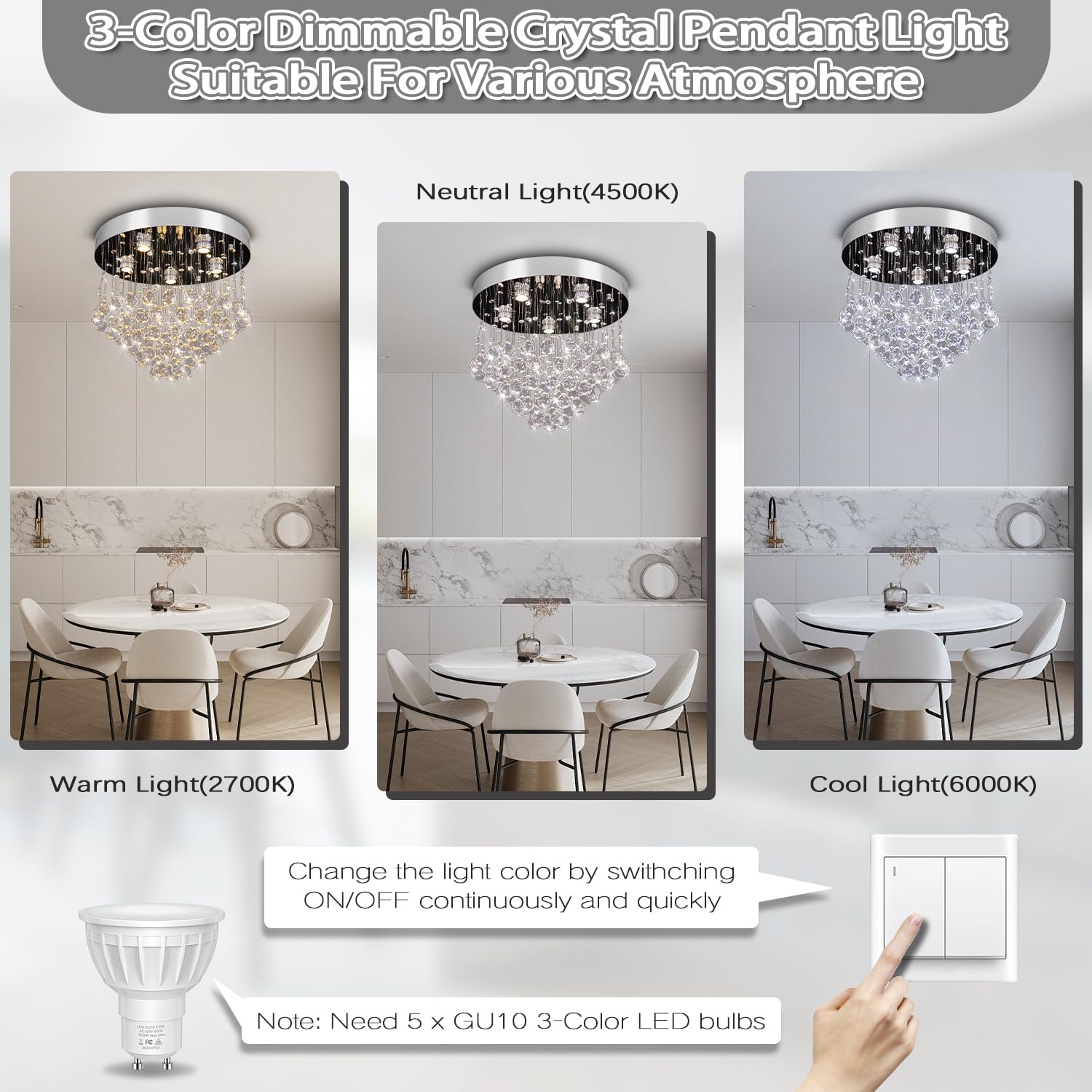 Finktonglan Modern Crystal Led Chandelier 19.6&quot; Stainless Steel Flush Mount For Bedroom & Dining Room