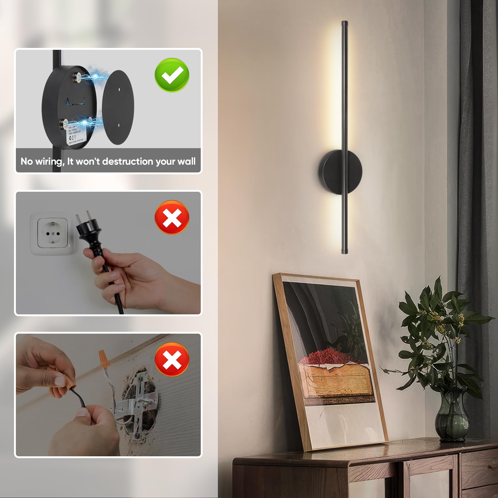 TaoFiaCo Battery Operated Wall Sconces Set of Two, 24 Inch Black Metal, Wireless Rechargeable with Remote, Dimmable Decor
