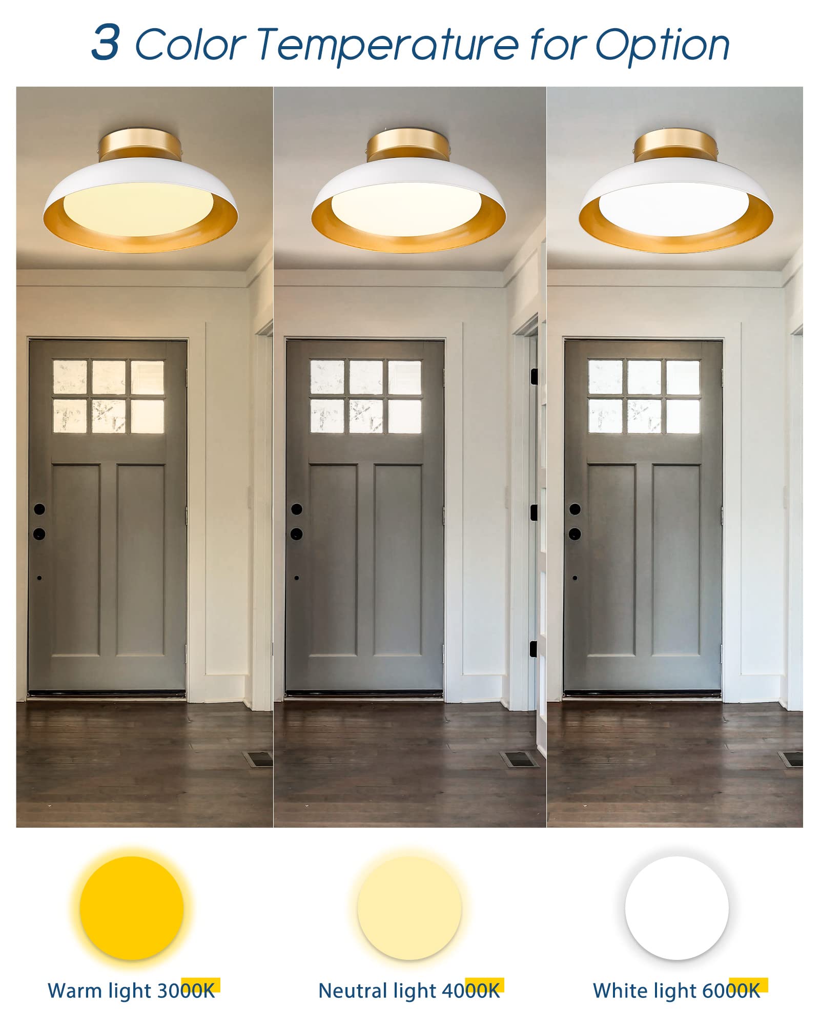 Kudos White And Gold Ceiling Light Fixture 2 Pack, Led Semi Flush Mount Light Fixture, 12W/1200Lm 12 Inch Ceiling Lights For Kitchen, Hallway, Bathroom, 3000K/4000K/6000K Adjustable, Kdcl01-Wt-2Pk
