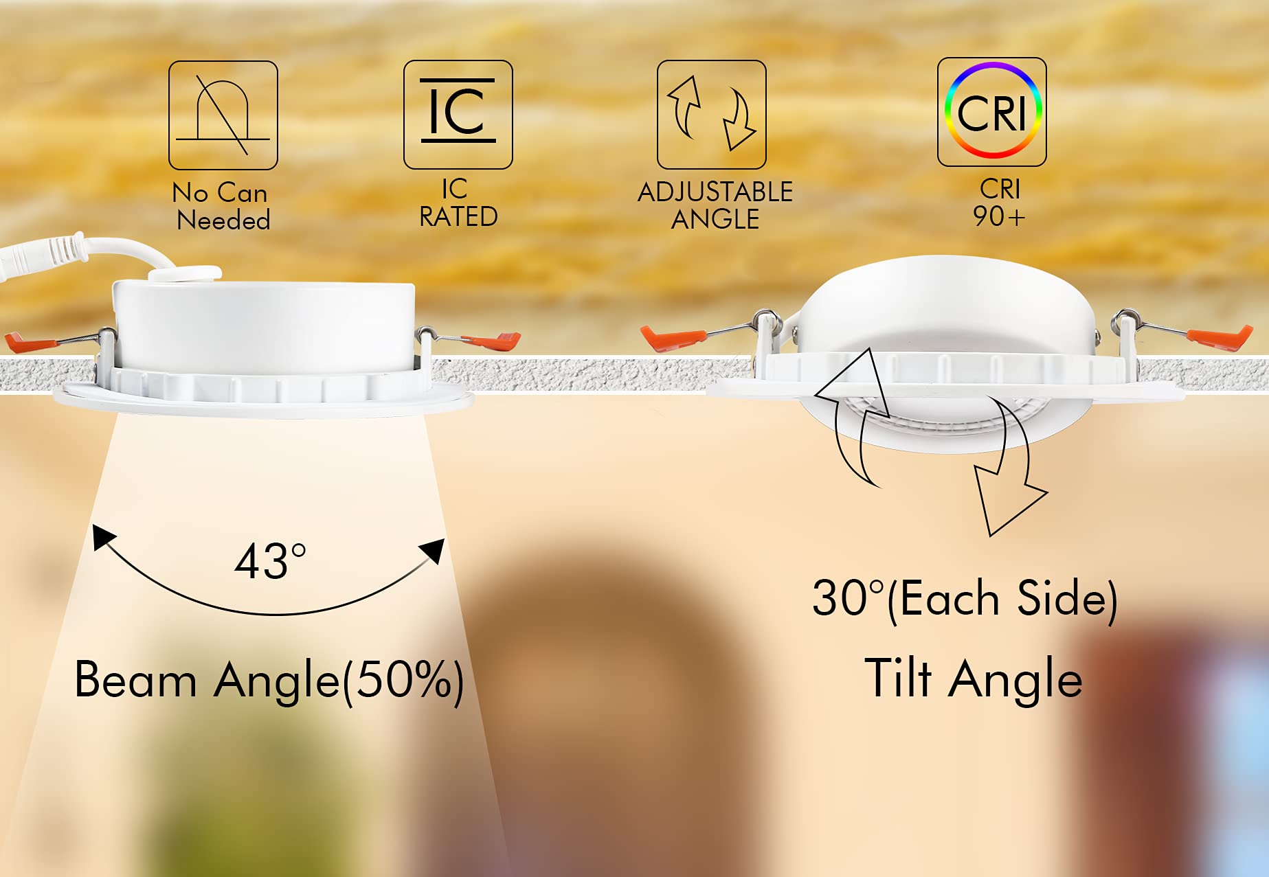 Cloudy Bay Eyeball 4 Inch 5 Color Gimbal Led Recessed Light With Junction Box, 9.5W Cri90+ 2700K/3000K/3500K/4000K/5000K Selectable,Dimmable, Canless Recessed Spotlights, Damp Rated, White,Pack Of 6