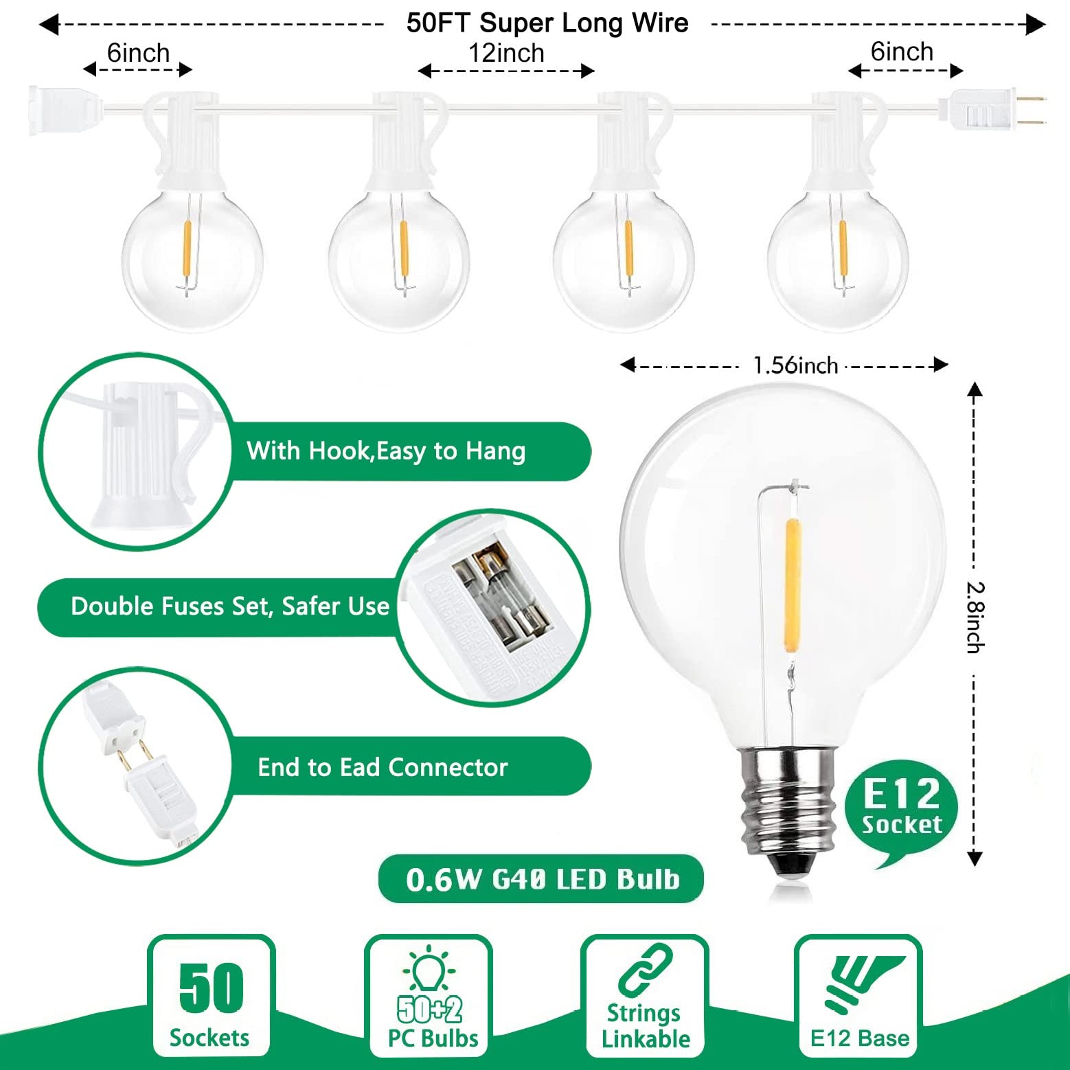 Abeja G40 LED Globe String Lights, 50FT Outdoor Waterproof, Dimmable Shatterproof Bulbs, White Wire