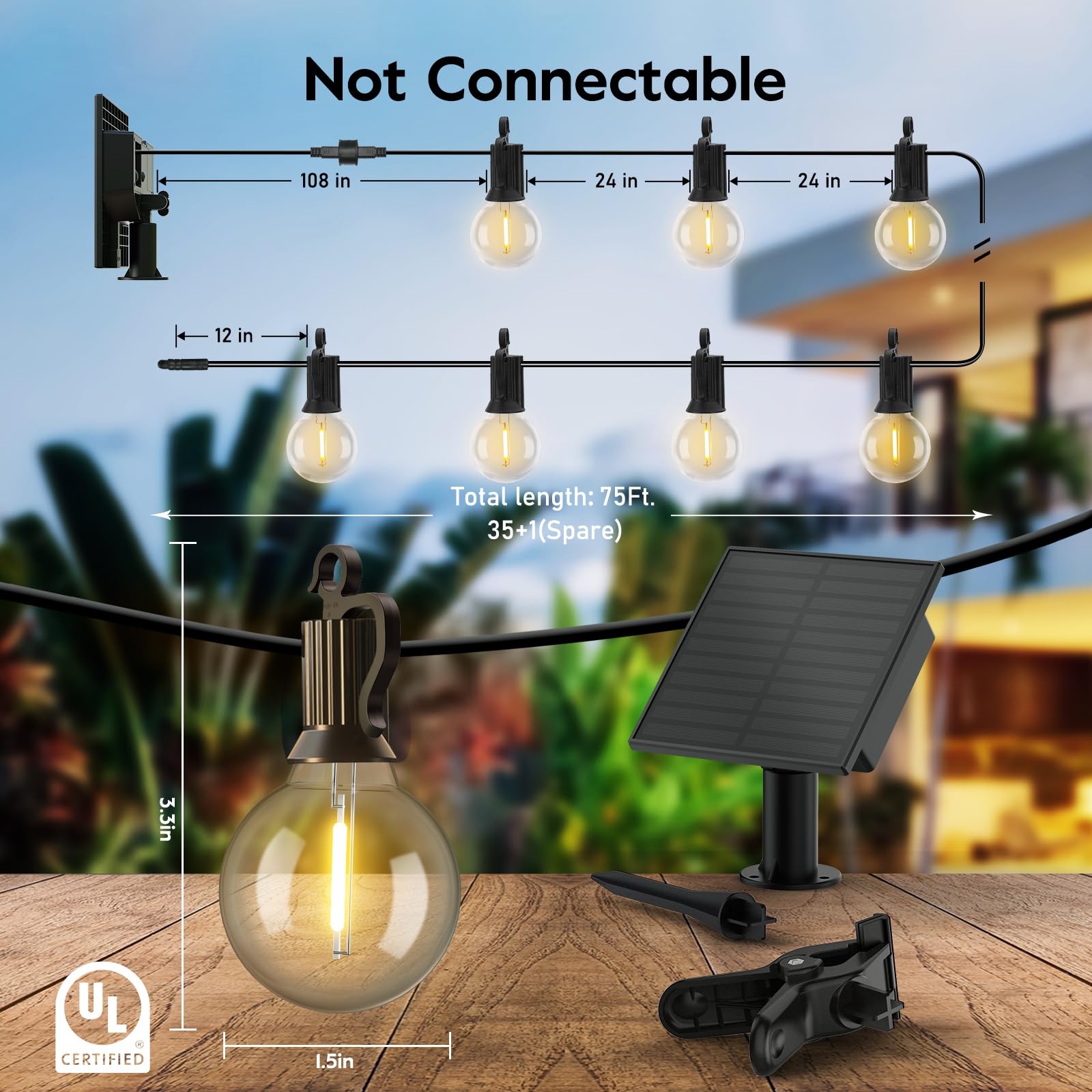 Minetom 75FT Solar String Lights - Warm White, 35 LED Shatterproof Bulbs, Waterproof Outdoor Patio Lights with Cable Ties and Hooks