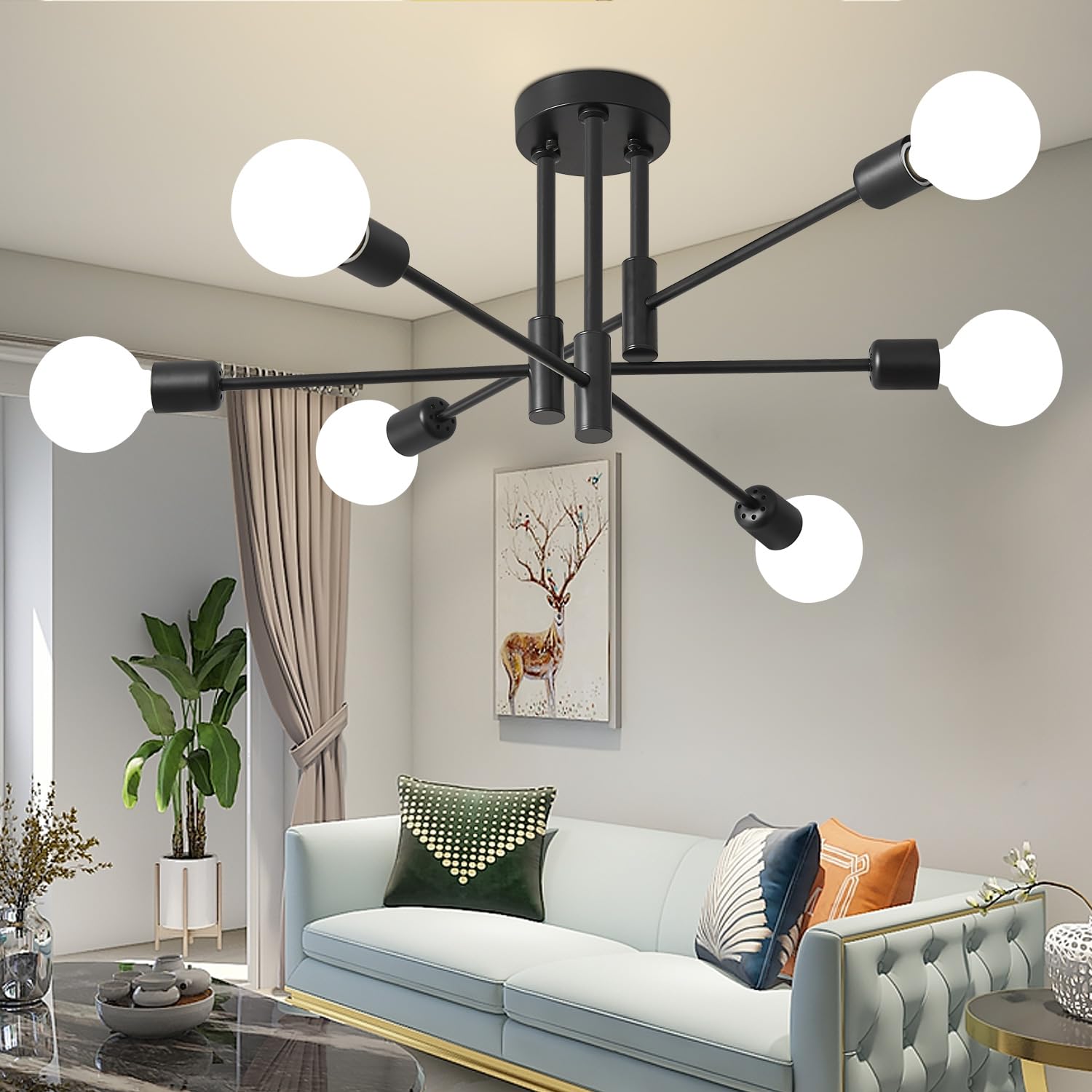 Biewalk 6-Light Sputnik Chandelier, Gold and Black Metal Fixture, 31.18in Mid Century Design for Dining Room, Kitchen Island, Model bie8003