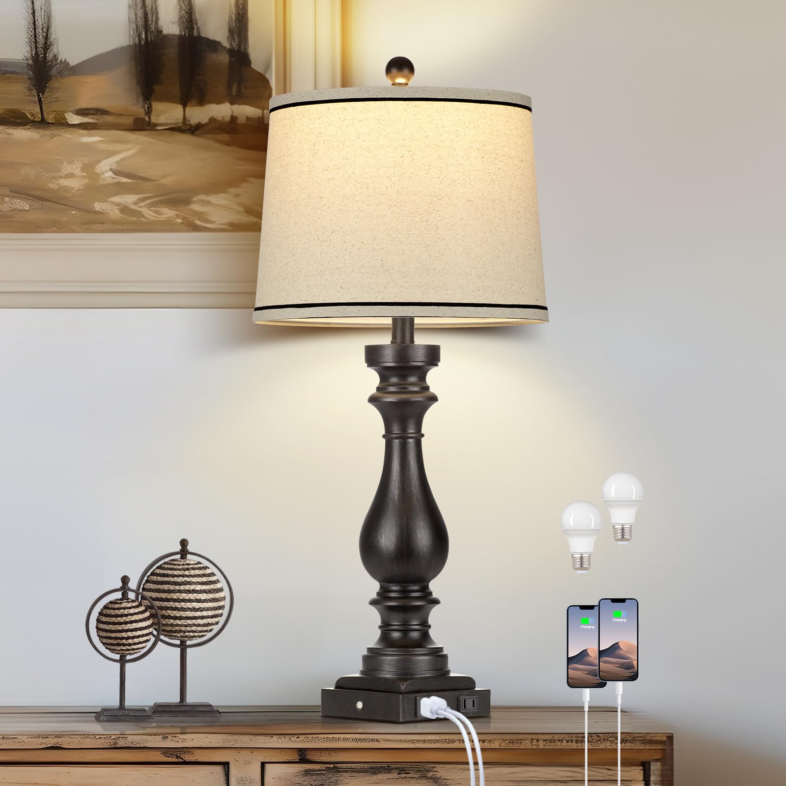 Rinweey 27.5'' Farmhouse Table Lamp For Living Room,Vintage Bedside Nightstand Lamp With Usb C+A Ports & Ac Outlet,3-Way Dimmabl