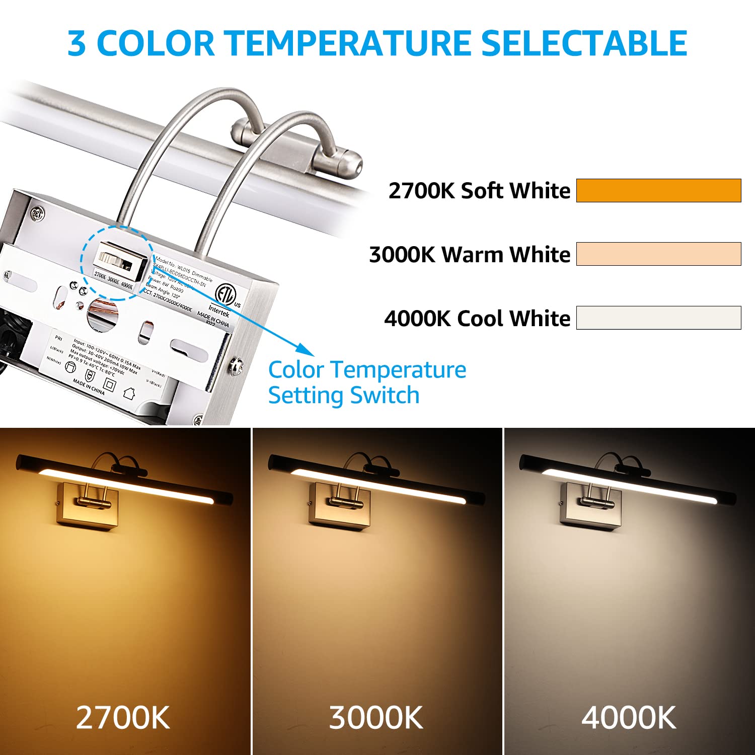 Leonlite 3Cct Dimmable Led Picture Light, 2700K/3000K/4000K Selectable, Cri90 Swivel Full Metal Picture Frame Light For Wall Art, Painting, Artwork, Portrait, Plug-In & Hardwired, Satin Nickel