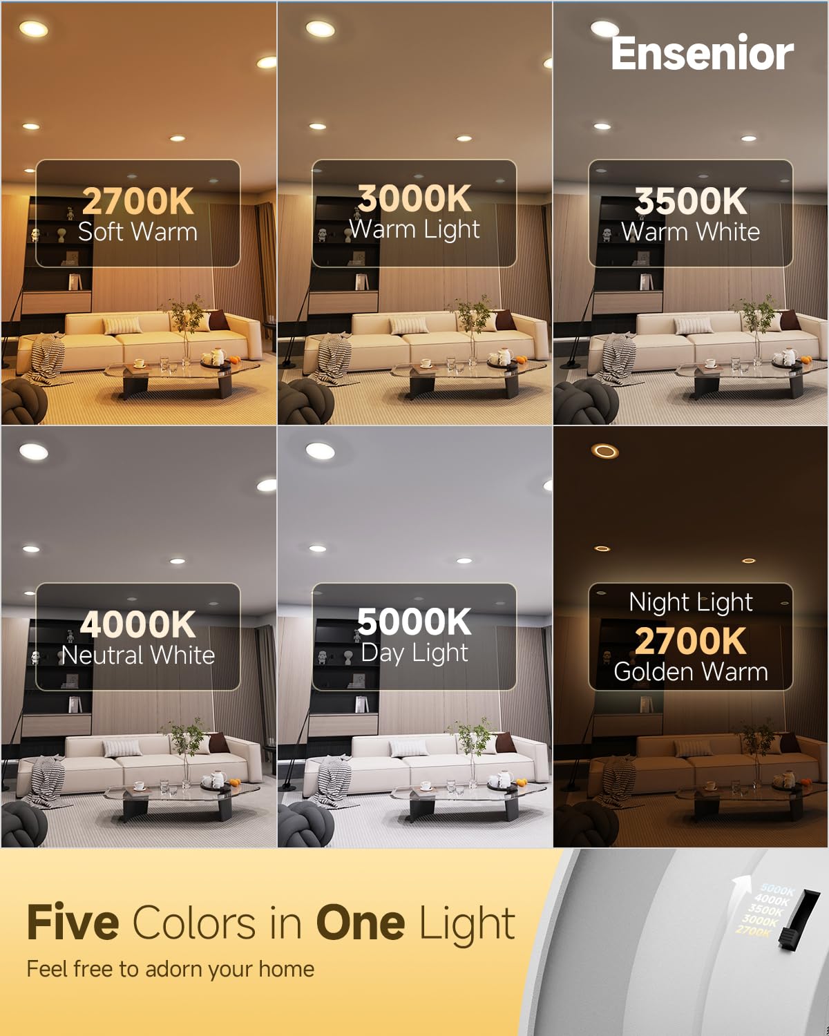 Ensenior 5/6 Inch LED Can Lights 4 Pack, 5CCT, IC Rated, 1000LM, Retrofit Recessed Lighting, 2700K-5000