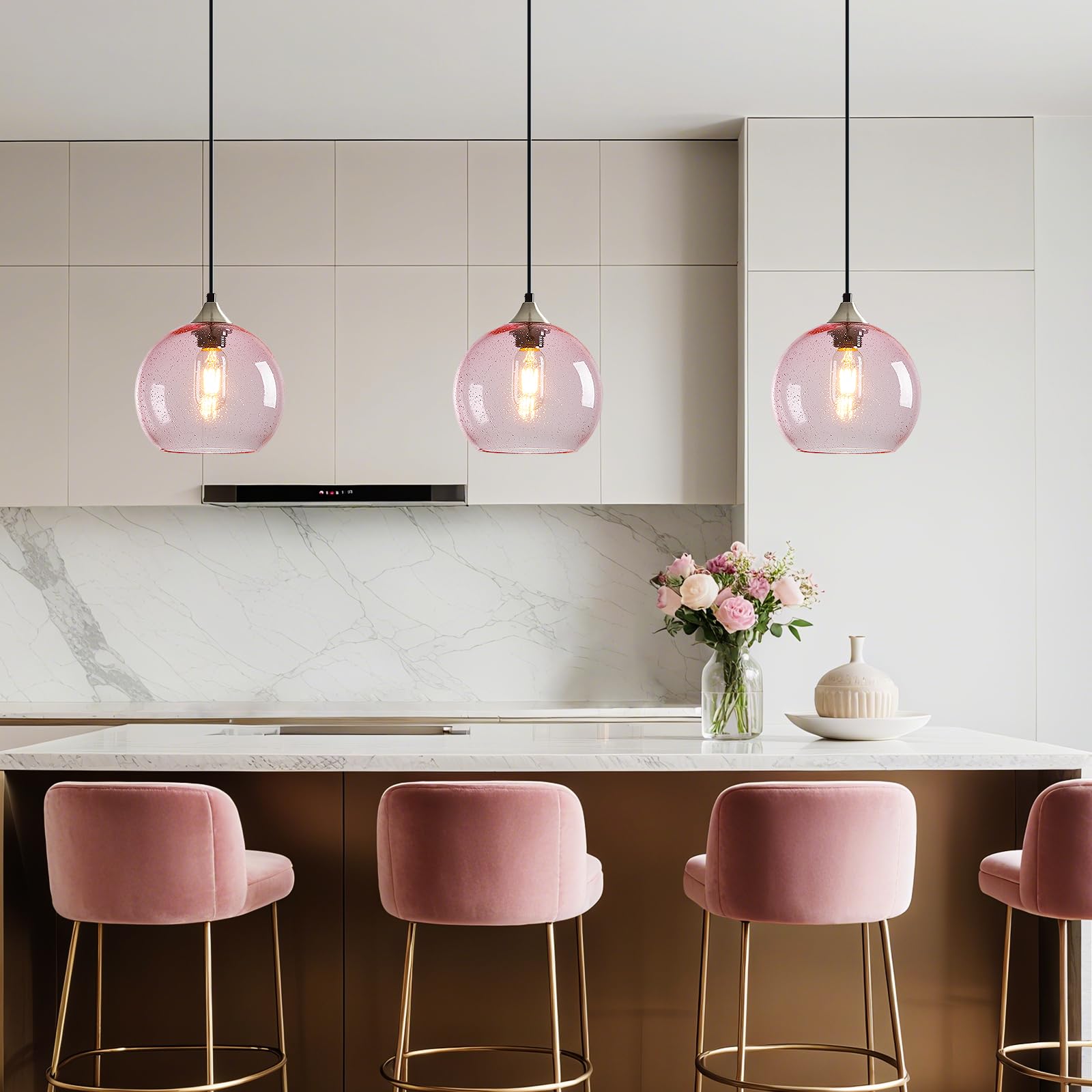 Lbsqj Pink Glass Pendant Lights Kitchen Island Lighting Globe Pendant Light Fixtures Modern Pendant Lighting For Bedroom Living Dining Room Light Fixture (7.87 In  2 Pack)