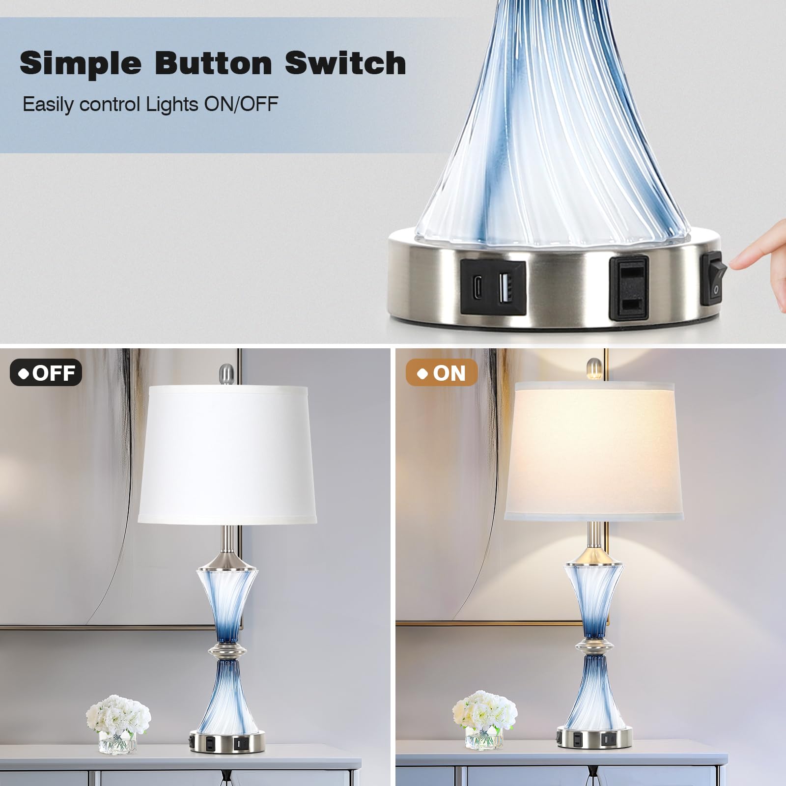 Rinweey Blue Glass Table Lamp With Usb C+A Ports & Ac Outlet,Coastal Bedside Lamp For Night Stands Bedroom Living Room,Nightstan