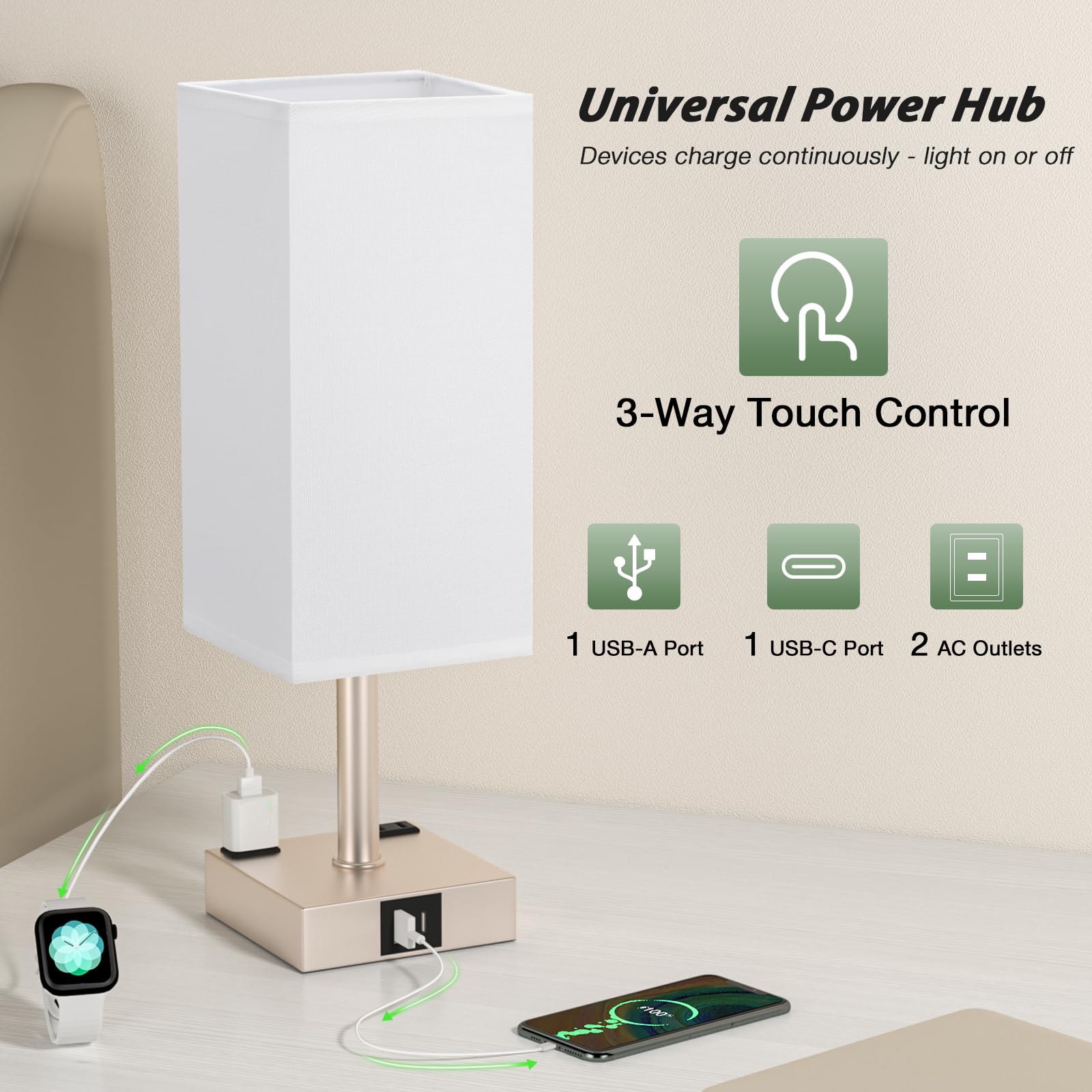 Aooshine Light Gold Touch Lamps Set Of 2 - Nightstand Lamp With Usb-C + A Charge Ports & Ac Outlets, 3-Way Dimmable Bedside Lamp