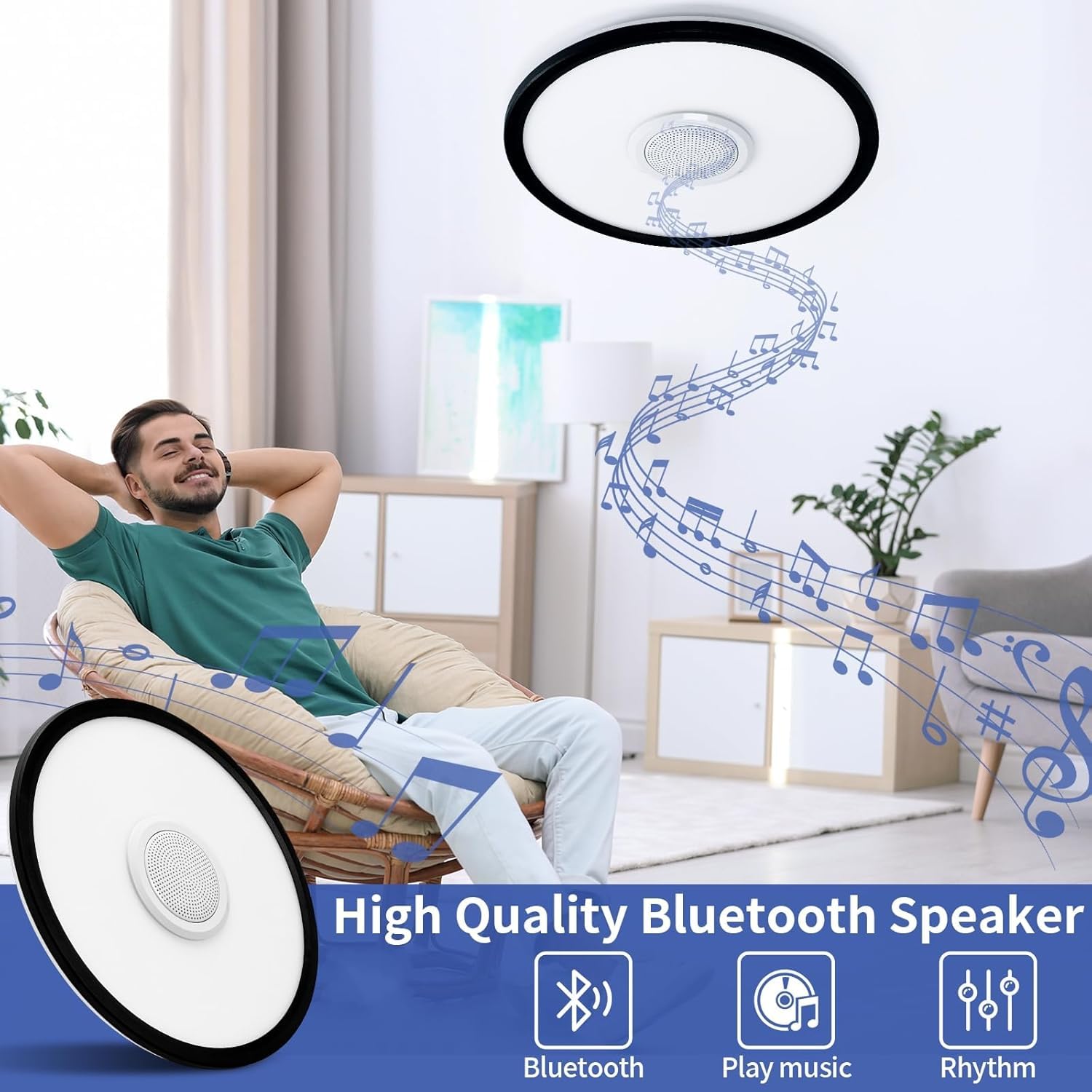 Uprizep Rgb Led Ceiling Light  With Bluetooth Speaker  24W 12Inch Smart Music Ceiling Lamp With App And Remote Control  3000K-6500K Color Changing Lights Fixture For Child Bedroom Bathroom  Black