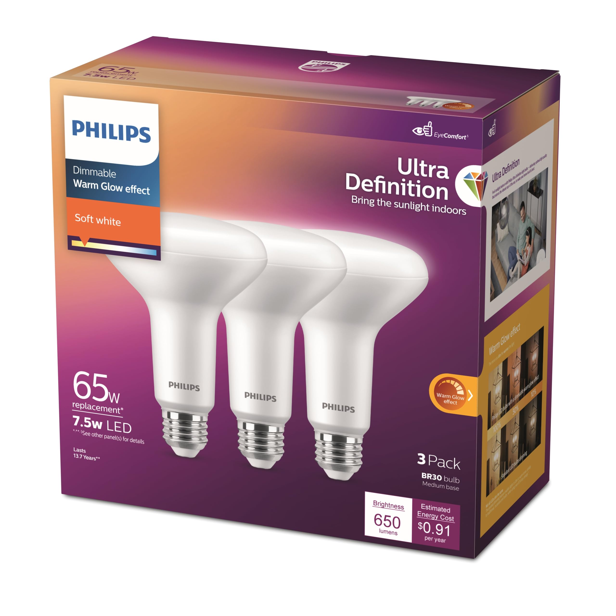 Philips BR30 E26 (Medium) LED Floodlight Bulb Soft White 65 Watt Equivalence 3 pk