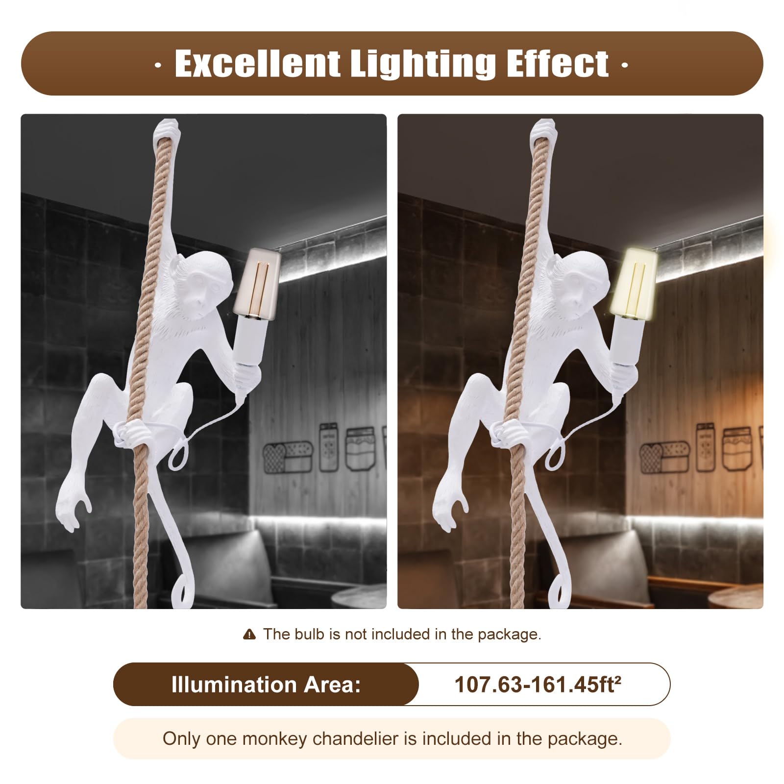 Huashuani Vintage Monkey Chandelier, Retro Resin Hemp Rope Monkey Pendant Light Fixture, Hanging Ceiling Lamp E26 For Dining Liv