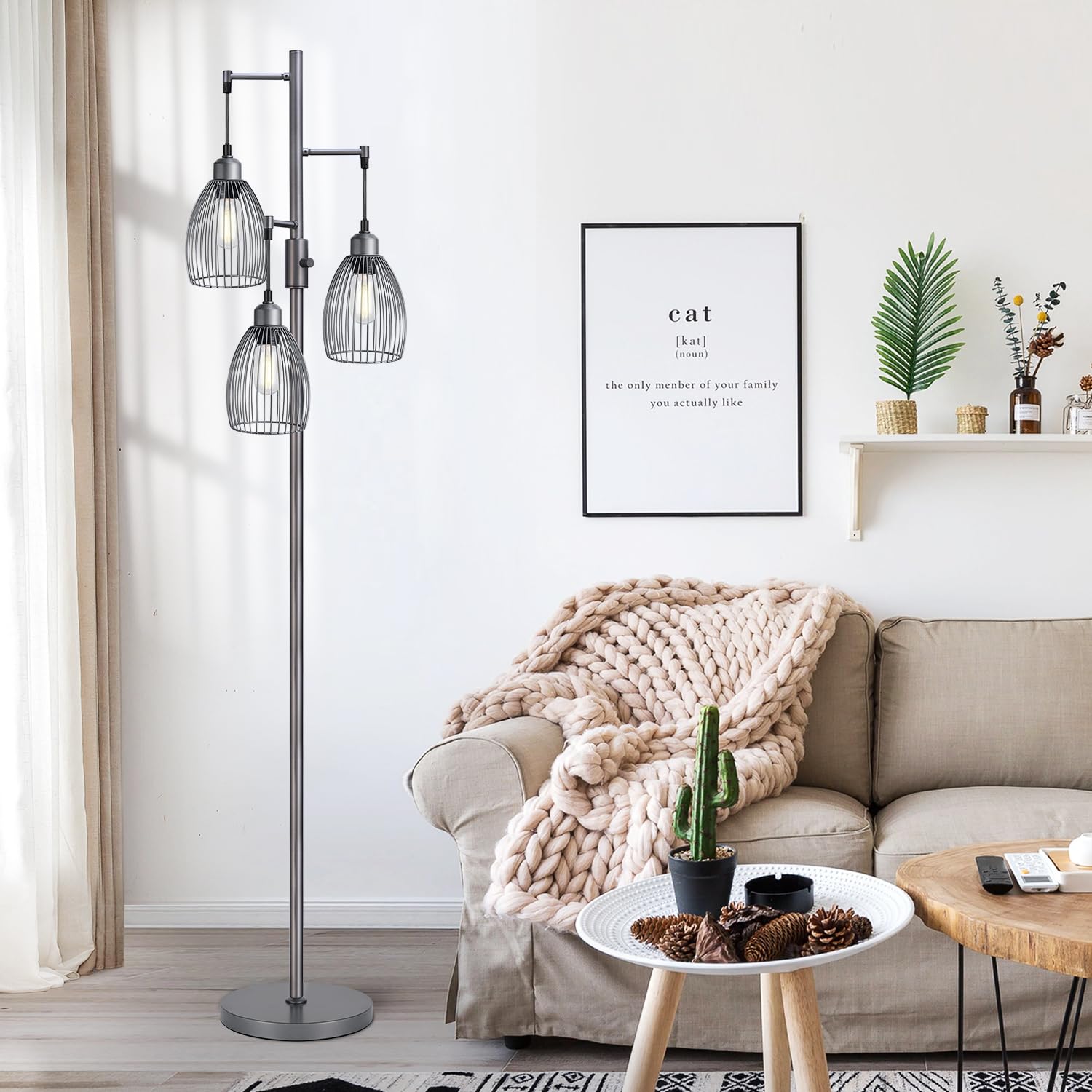 Dimmable Industrial Floor Lamps For Living Room, Gray Tree Standing Tall Lamps With 3 Elegant Teardrop Cage Head & 800 Lumens Le