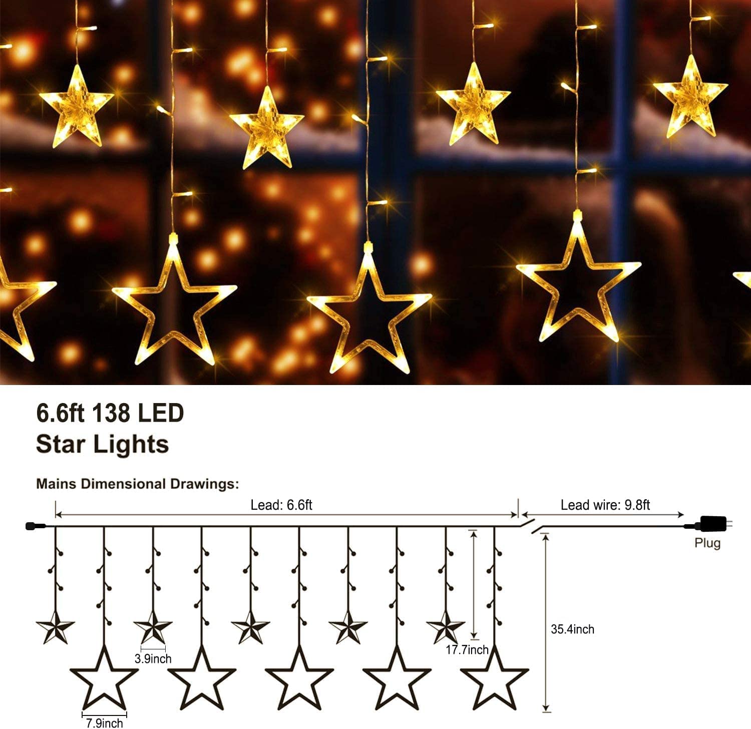 Quntis Remote 12 Star Christmas Curtain Lights, 11 Modes 138 Led Connectable Window Christmas Decoration Lights Hanging Backdrop Dimmable For Indoor Bedroom Wedding Party Wall, Multicolor & Warm White