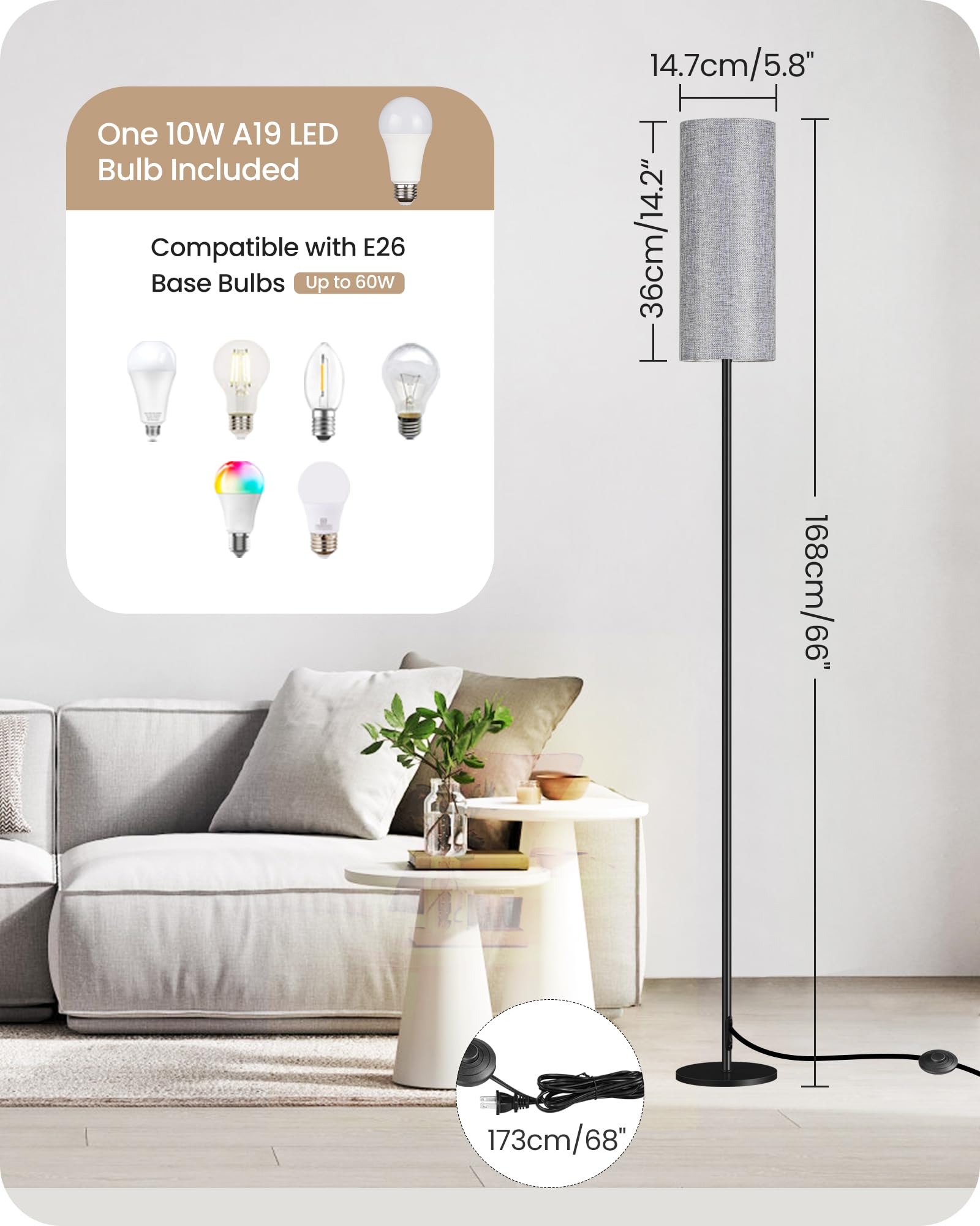 Goebleson Dimmable Corner Floor Lamp With Remote, 66'' Linen Shade, 10W Led, Gray