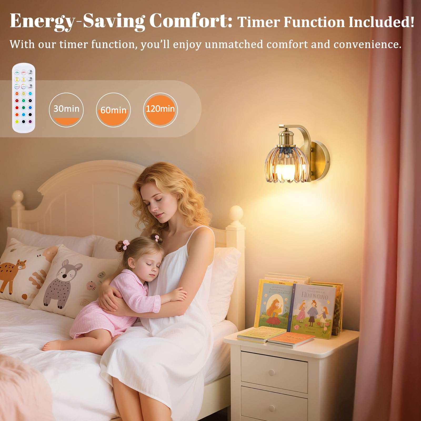 VerRon Rechargeable Wall Sconce Set of Two, Amber Glass, Wireless with Remote Control, 15 Colors, Metal, 2-Pack, Model B05092P(2PK)