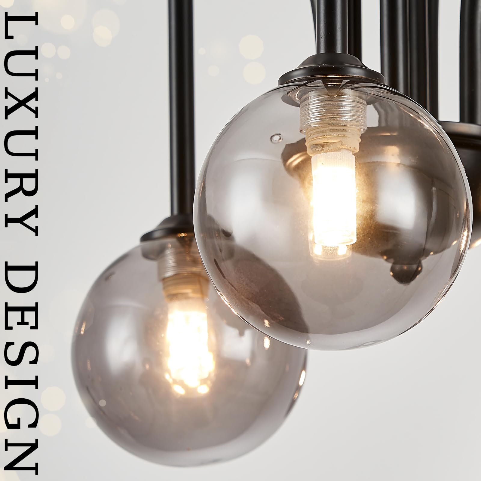 CATINER Black Sputnik Chandelier, 6 Lights, Mid Century Design, Smoke Glass Globe Shades, L40” for Living Room, Foyer, Bedroom