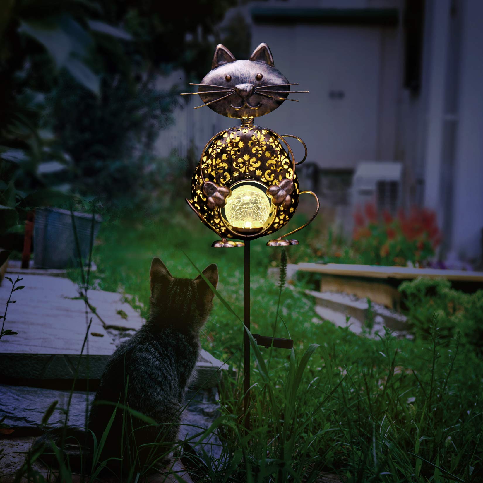 KAIXOXIN Solar Garden Lights, Waterproof Warm White LED, Metal Cat Design, Cat-Bronze