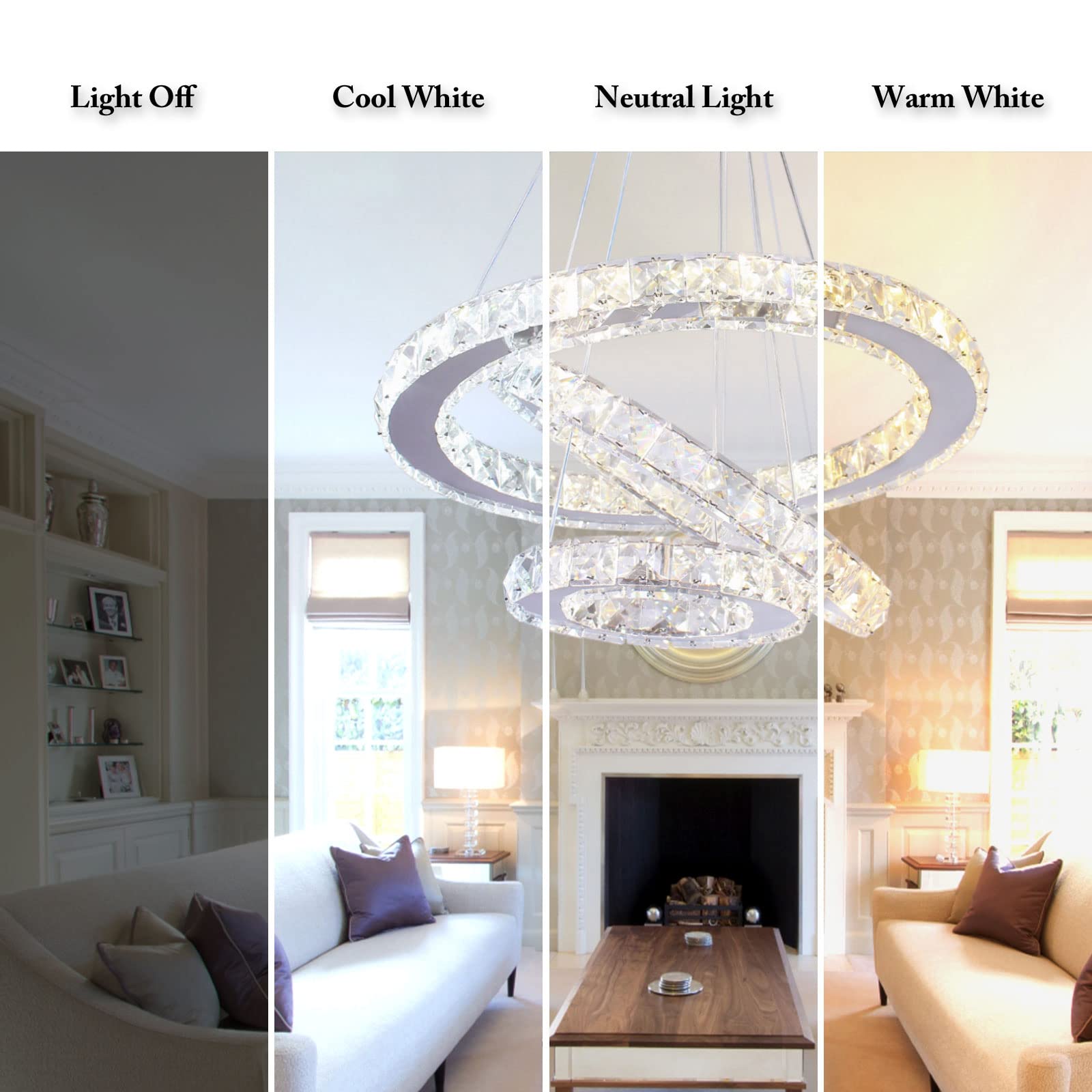 Diisunbihuo Led Chandeliers 3 Rings Modern Crystal Pendant Light, Adjustable, Multicolor Silver, Ideal For Bedroom, Living & Dining Room