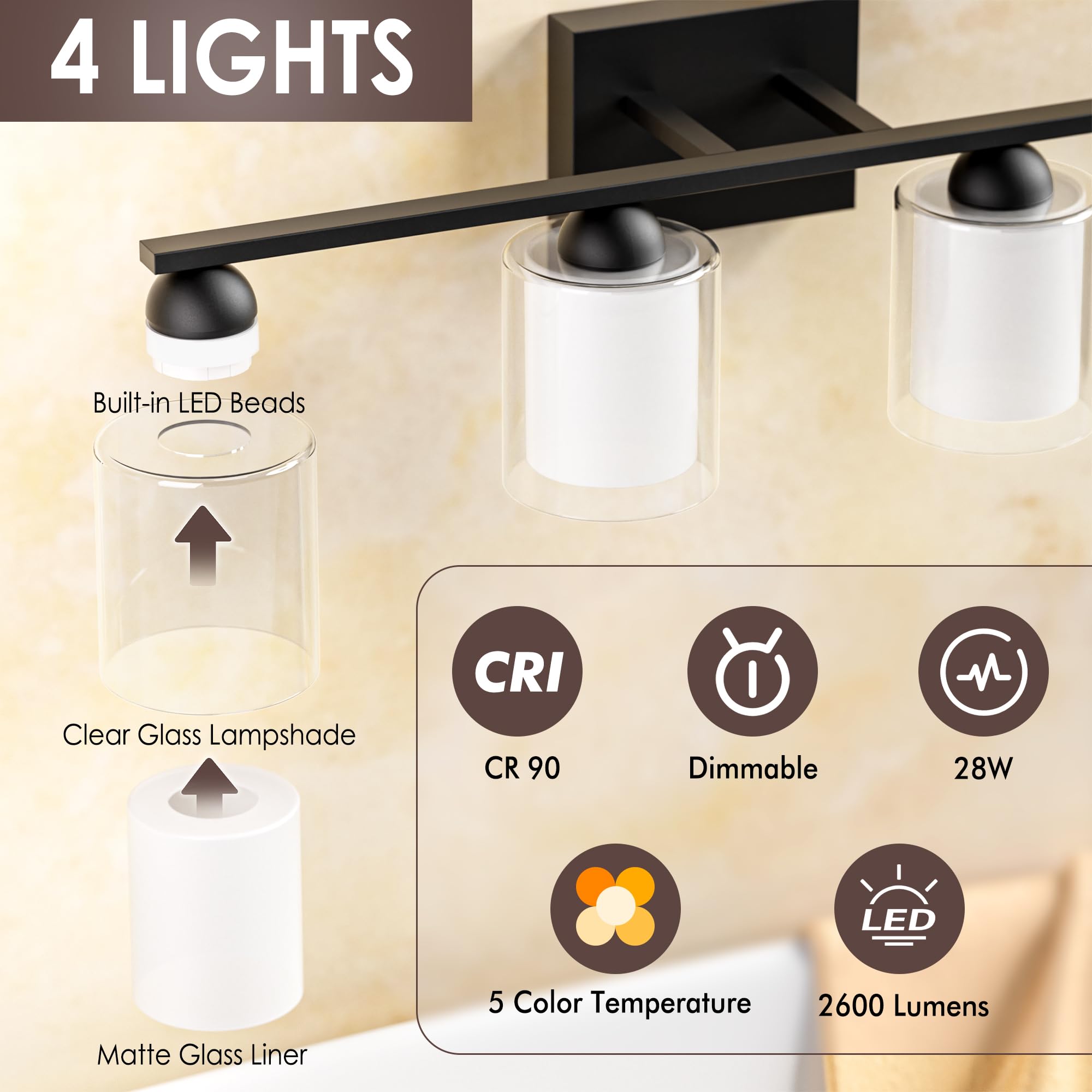 Quntis Black Bathroom Lighting Fixtures Over Mirror With 5 Color Modes  4 Light Dimmable Led Bathroom Vanity Light  With Eye Care Milk White Frosted Glass  28W Energy Saving  27 Inch (Bulbs Included)