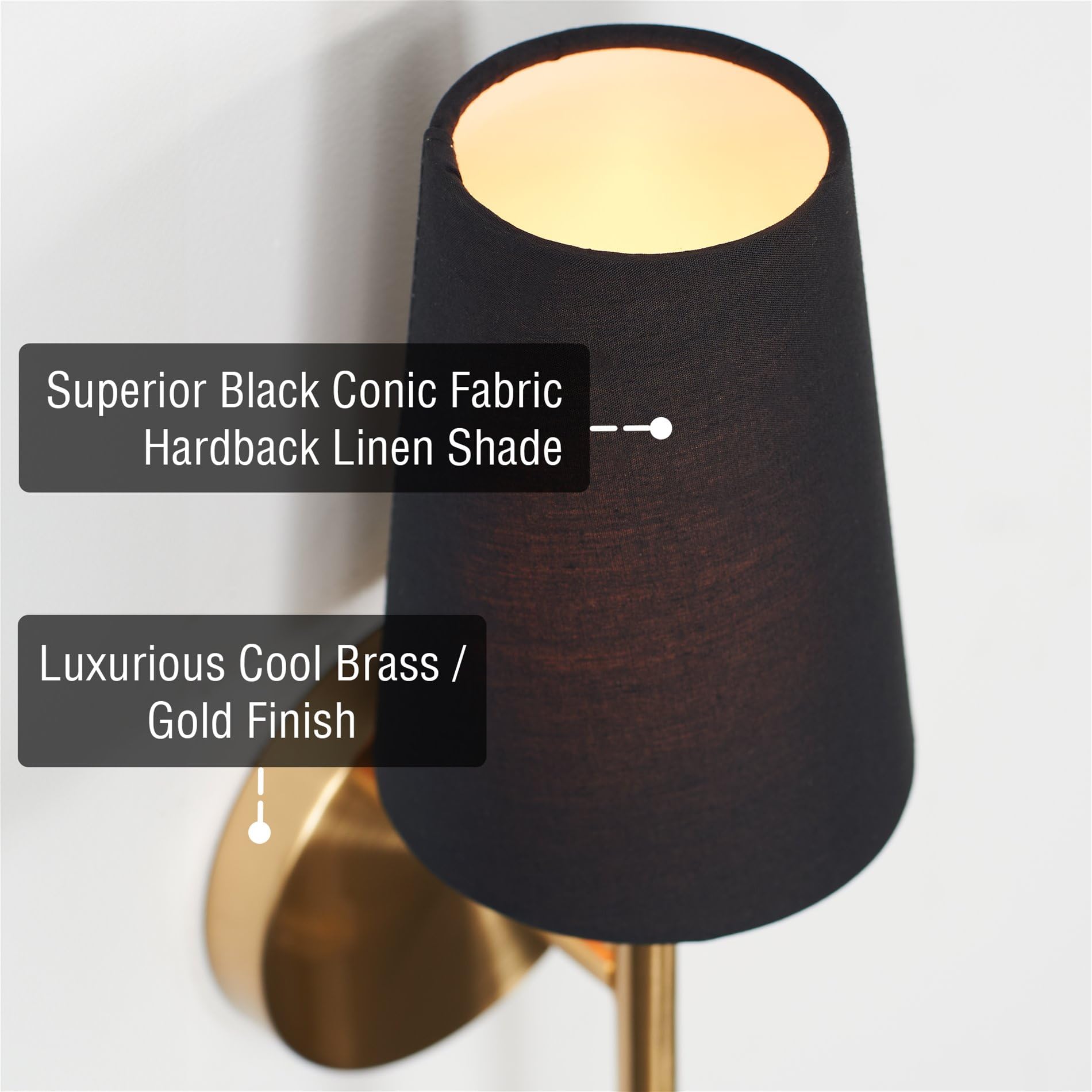 Kira Home Torche II Wall Sconce, 15in Cool Brass Finish with Black Linen Shade, Model RVL-W6511-1-CB